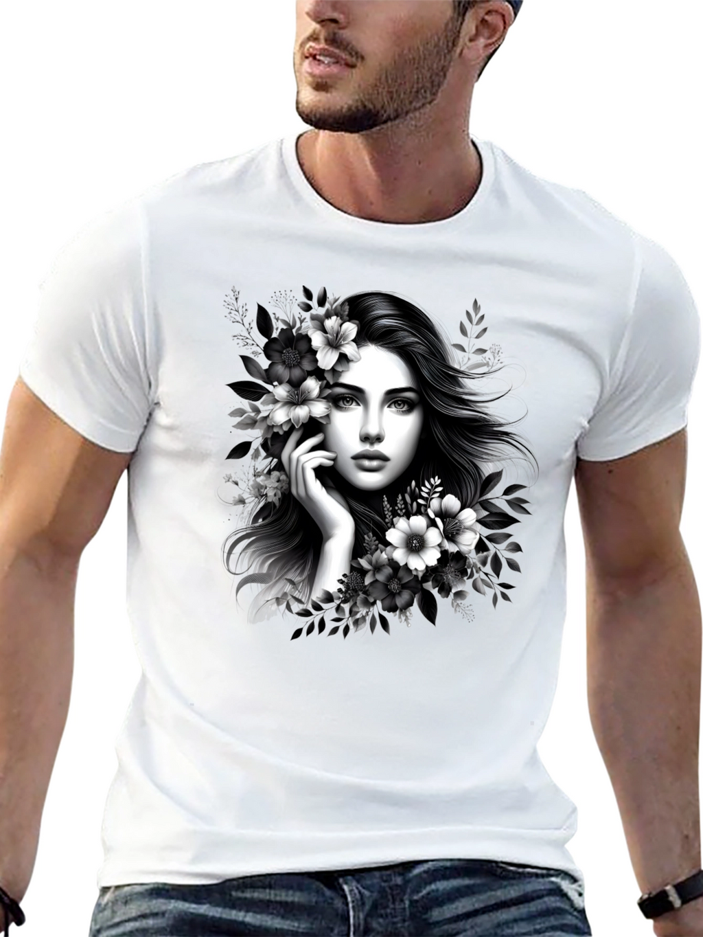 Elegant Woman Floral T-Shirt - Black