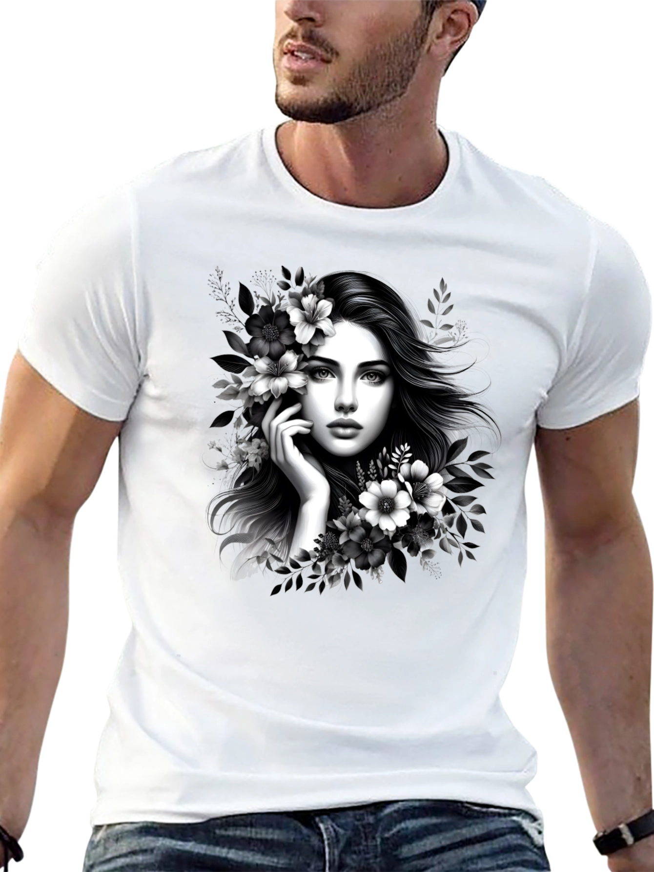 Elegant Woman Floral T-Shirt - Black