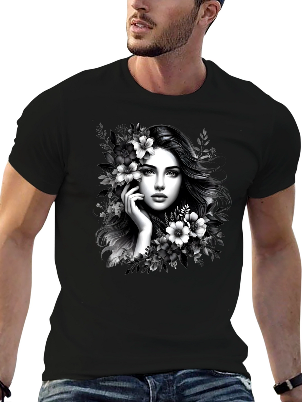 Elegant Woman Floral T-Shirt - Black
