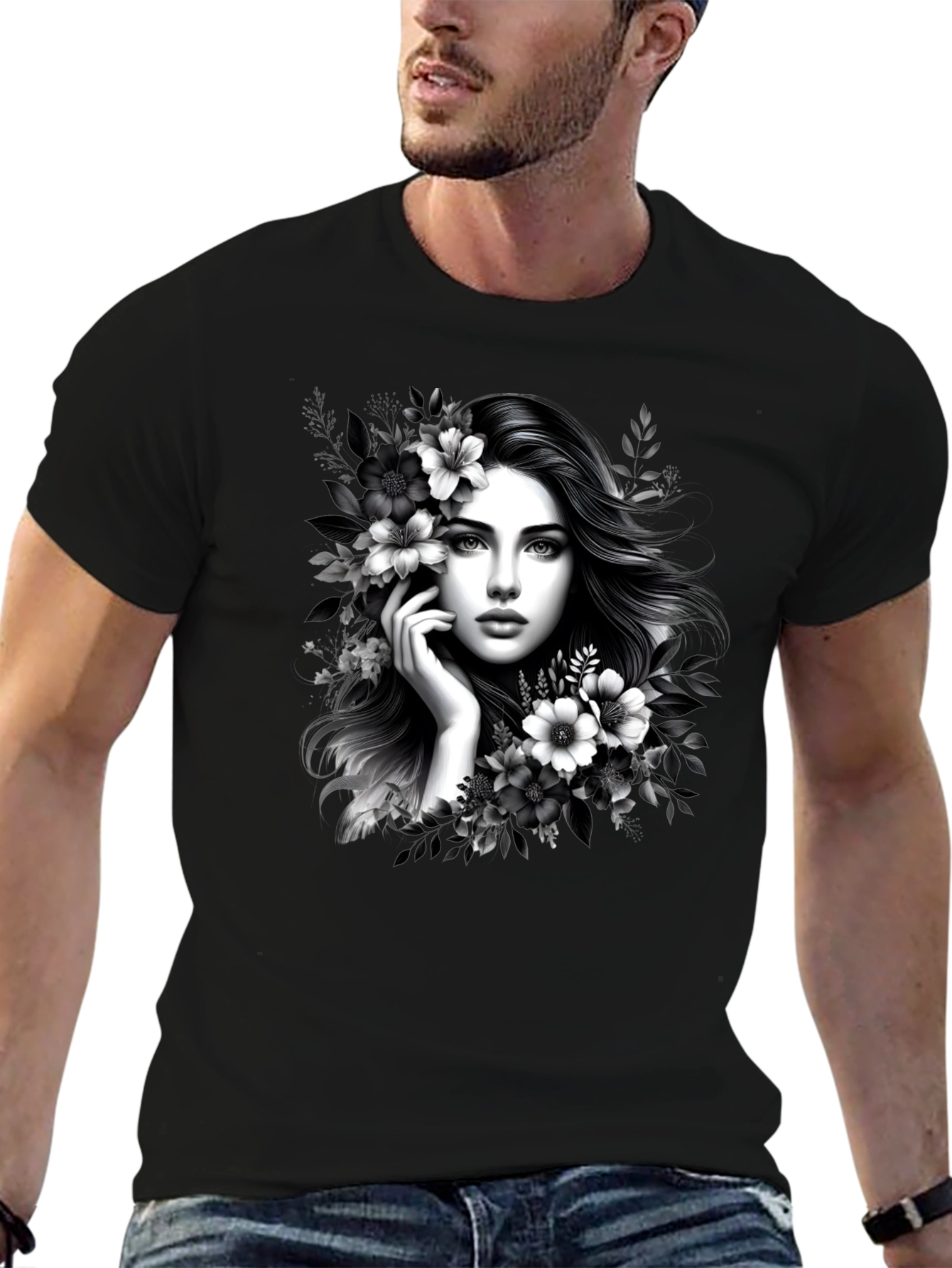 Elegant Woman Floral T-Shirt - Black