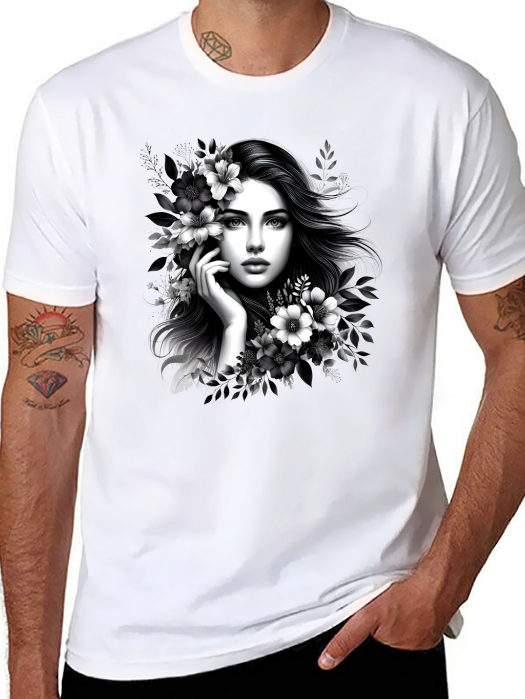 Elegant Woman Floral T-Shirt - Black