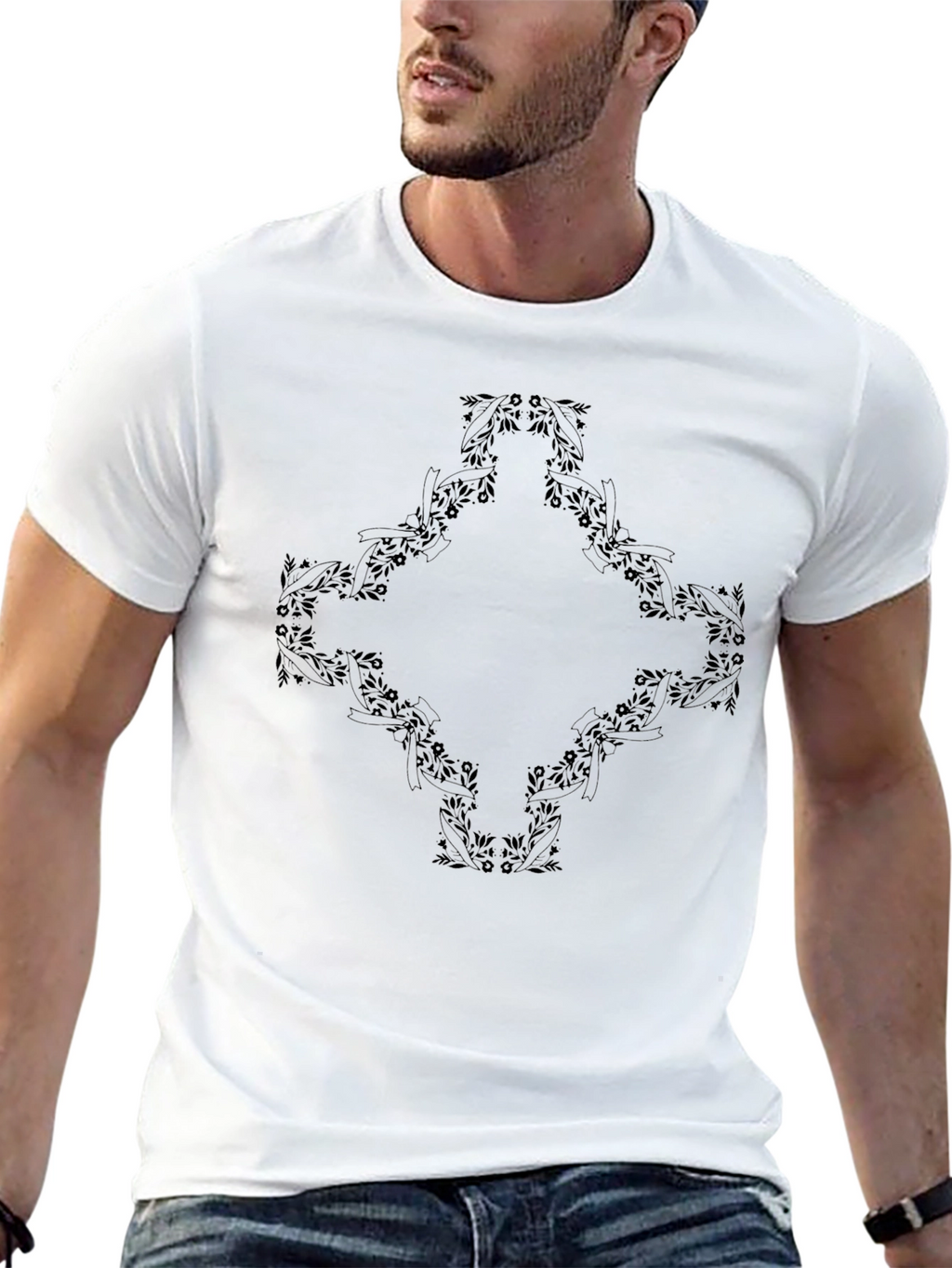 Black Floral Diamond Graphic Tee for Men