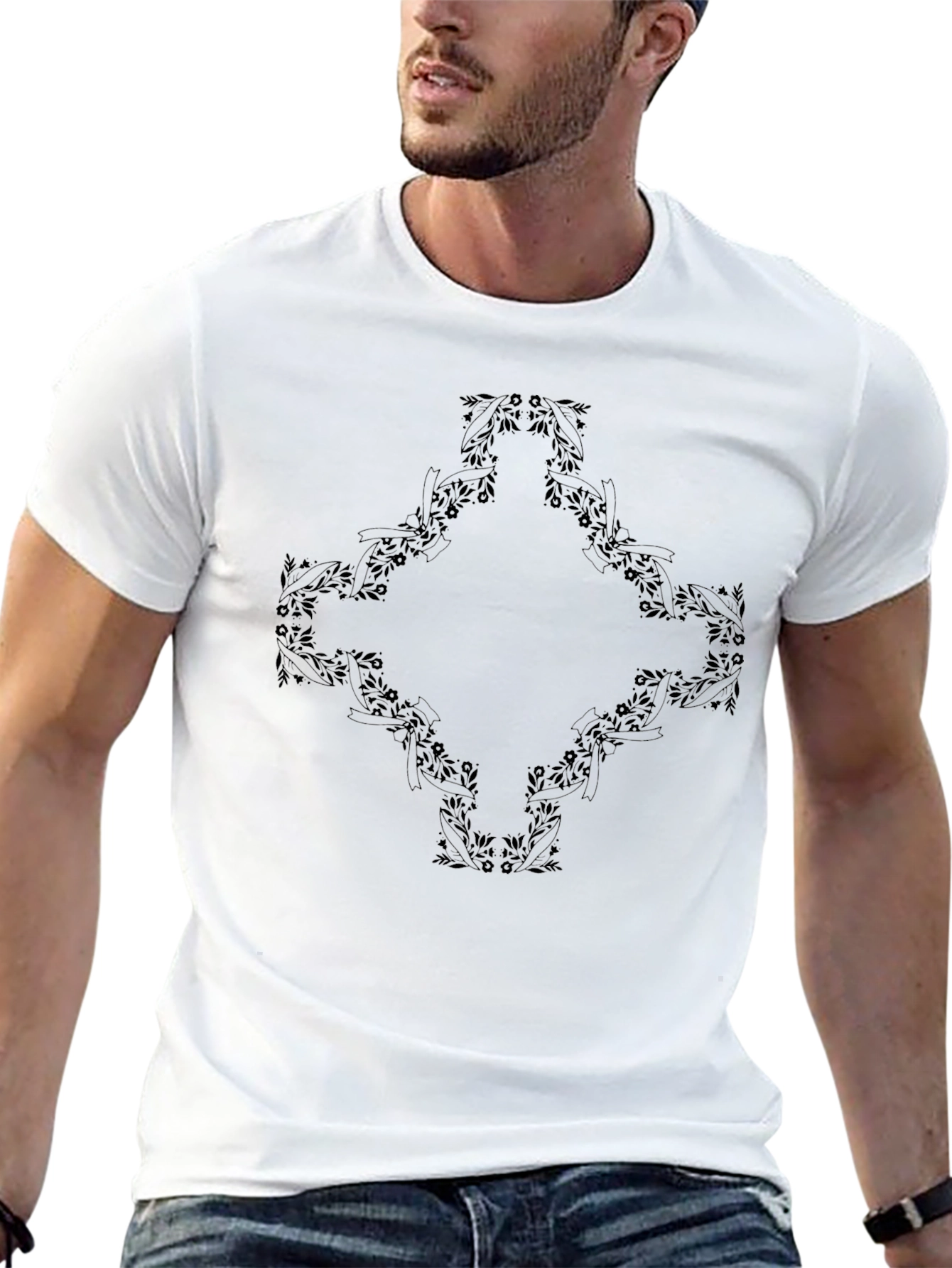 Black Floral Diamond Graphic Tee for Men