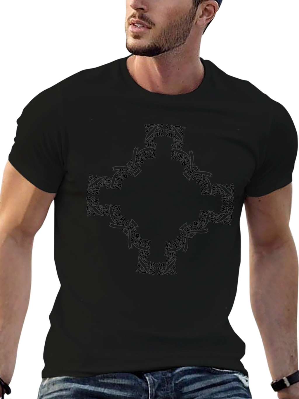 Black Floral Diamond Graphic Tee for Men