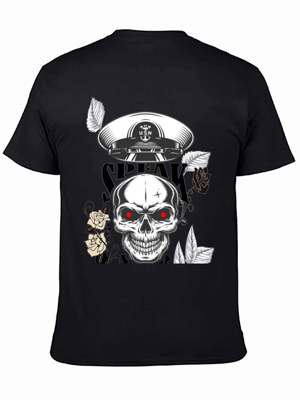 Skull & USN Hat Graphic Print Black T-Shirt
