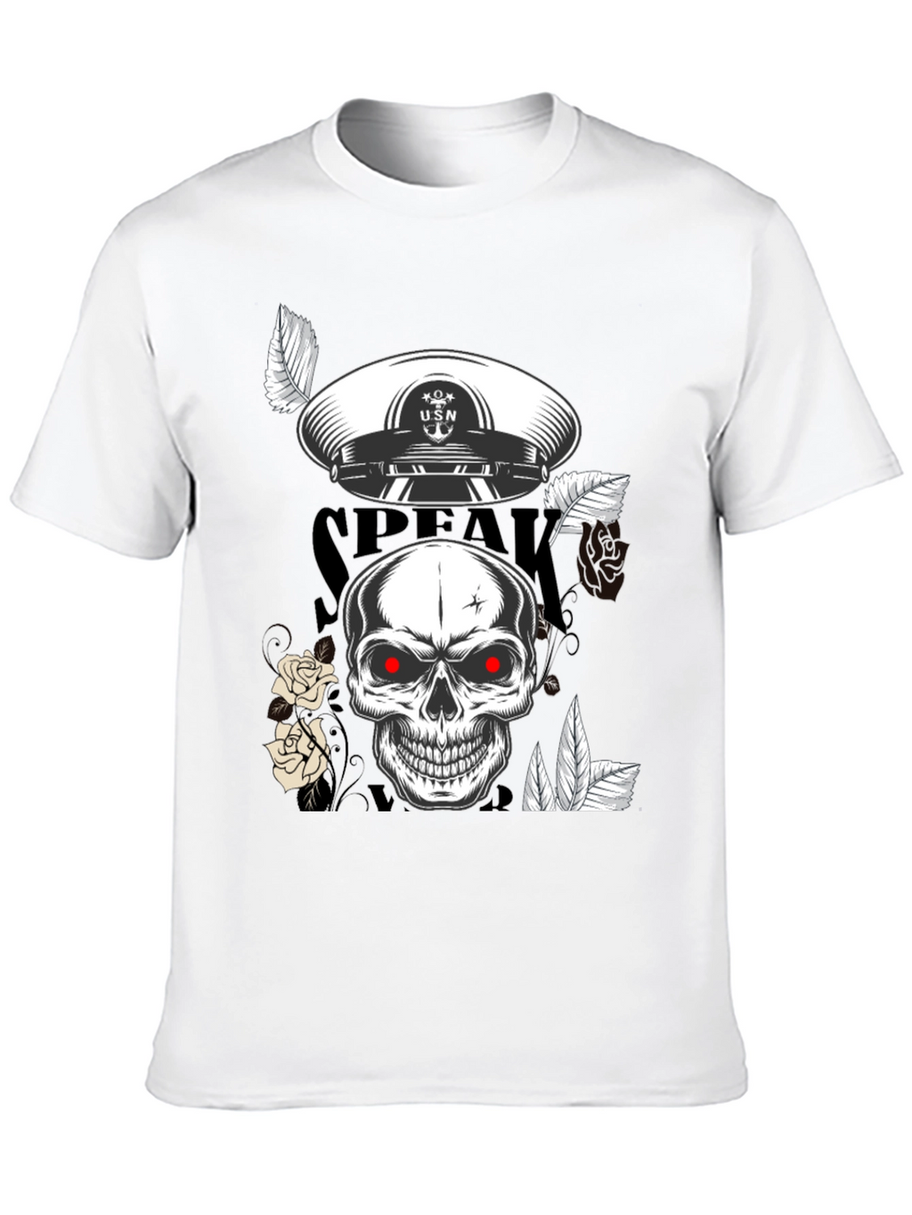 Skull & USN Hat Graphic Print Black T-Shirt