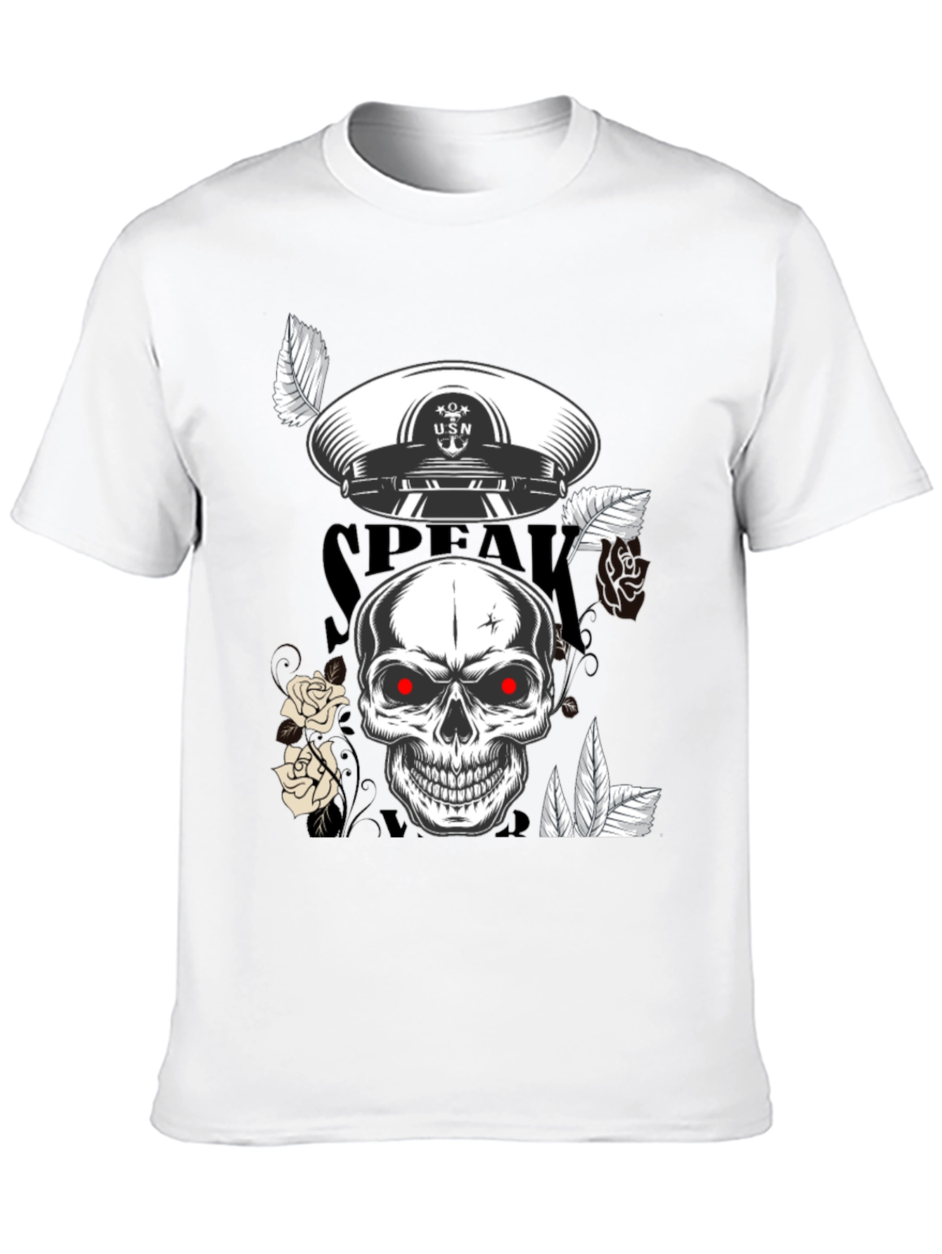 Skull & USN Hat Graphic Print Black T-Shirt
