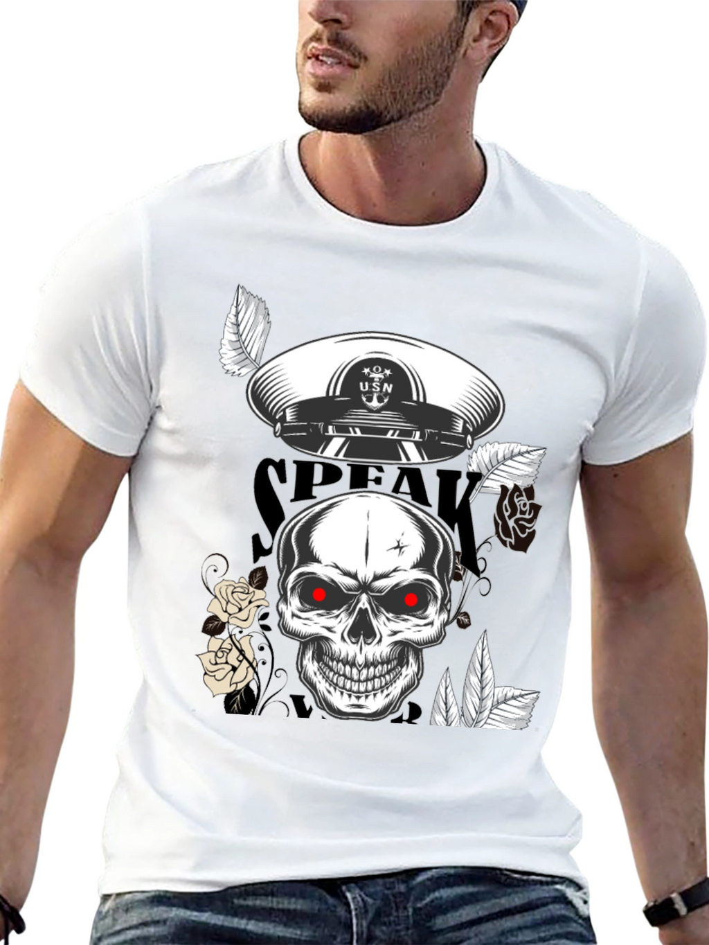 Skull & USN Hat Graphic Print Black T-Shirt