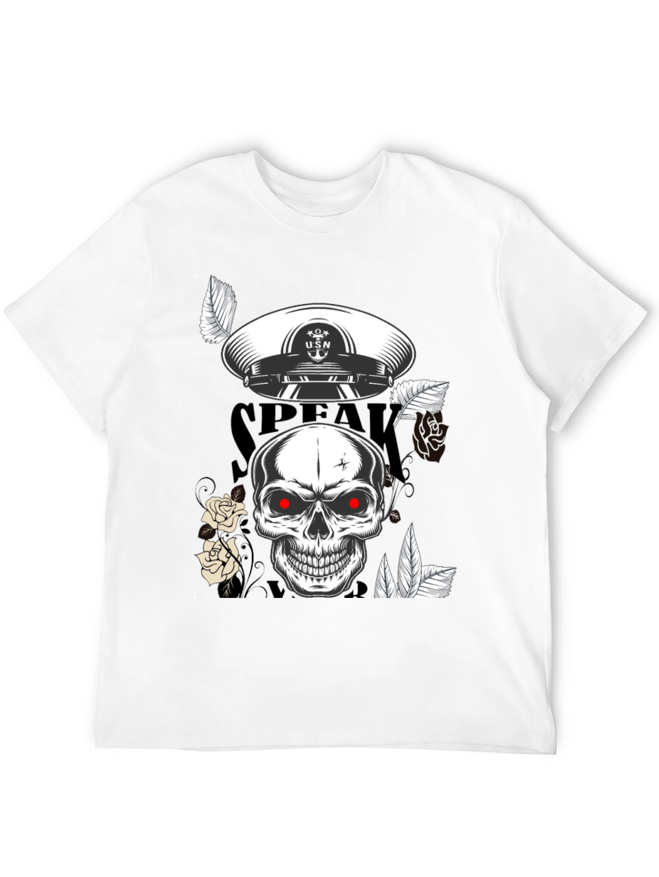 Skull & USN Hat Graphic Print Black T-Shirt