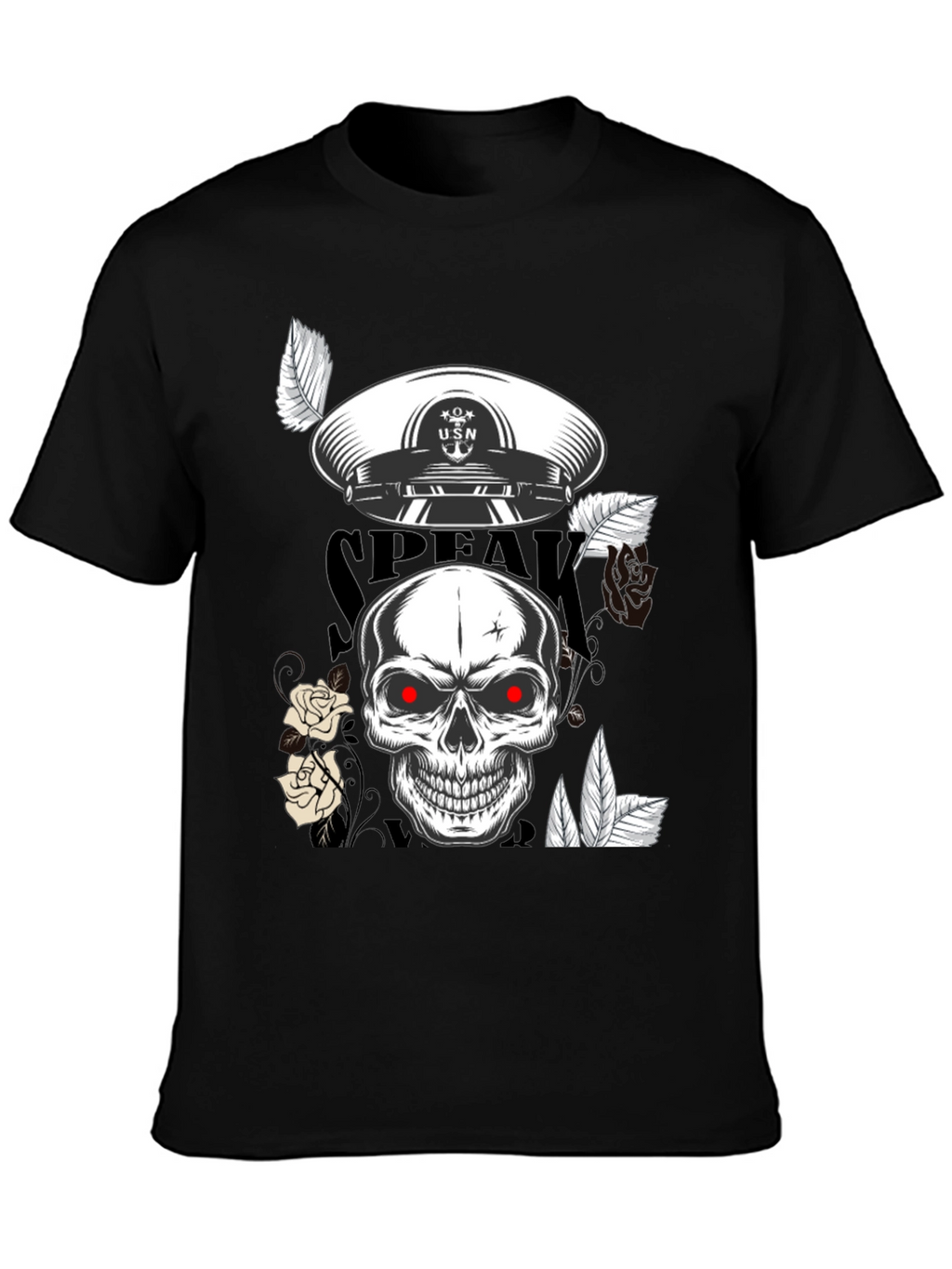 Skull & USN Hat Graphic Print Black T-Shirt