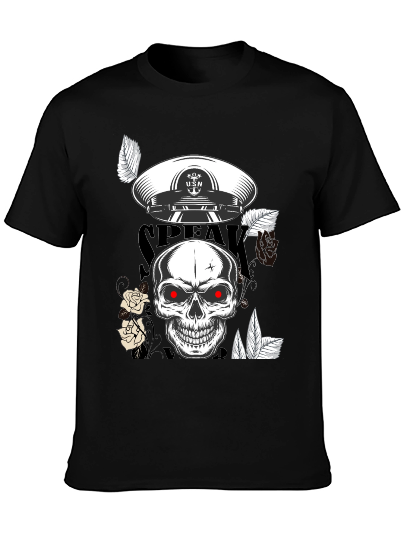 Skull & USN Hat Graphic Print Black T-Shirt
