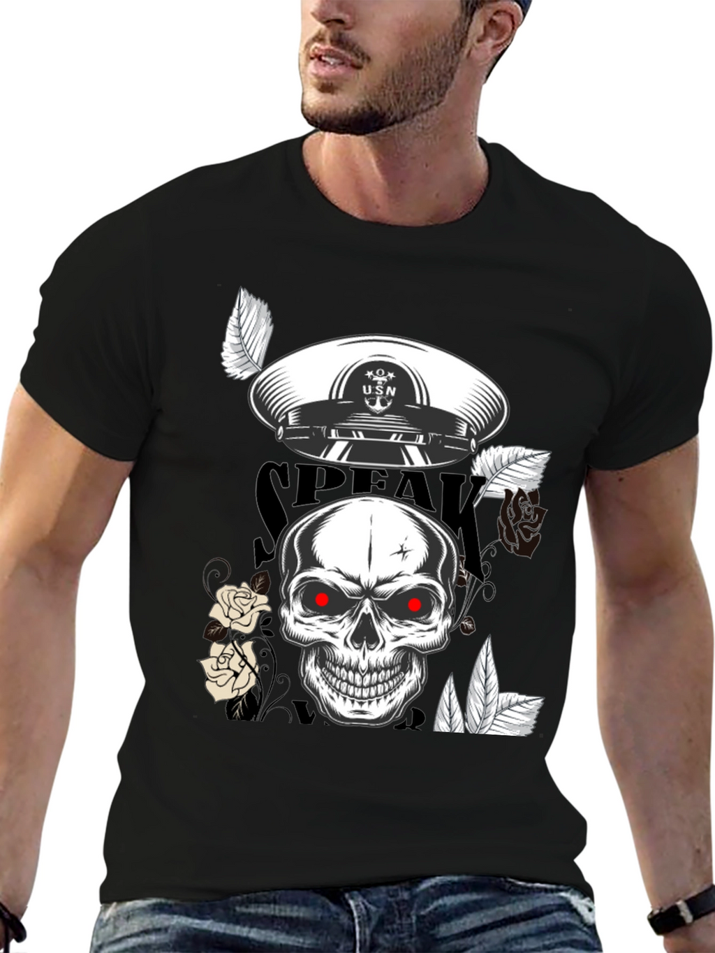 Skull & USN Hat Graphic Print Black T-Shirt