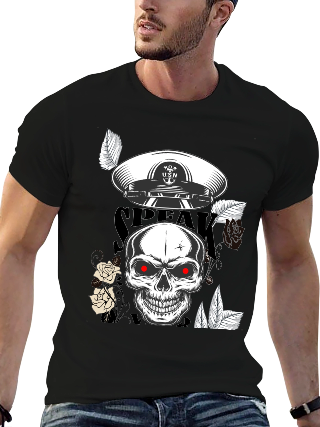 Skull & USN Hat Graphic Print Black T-Shirt