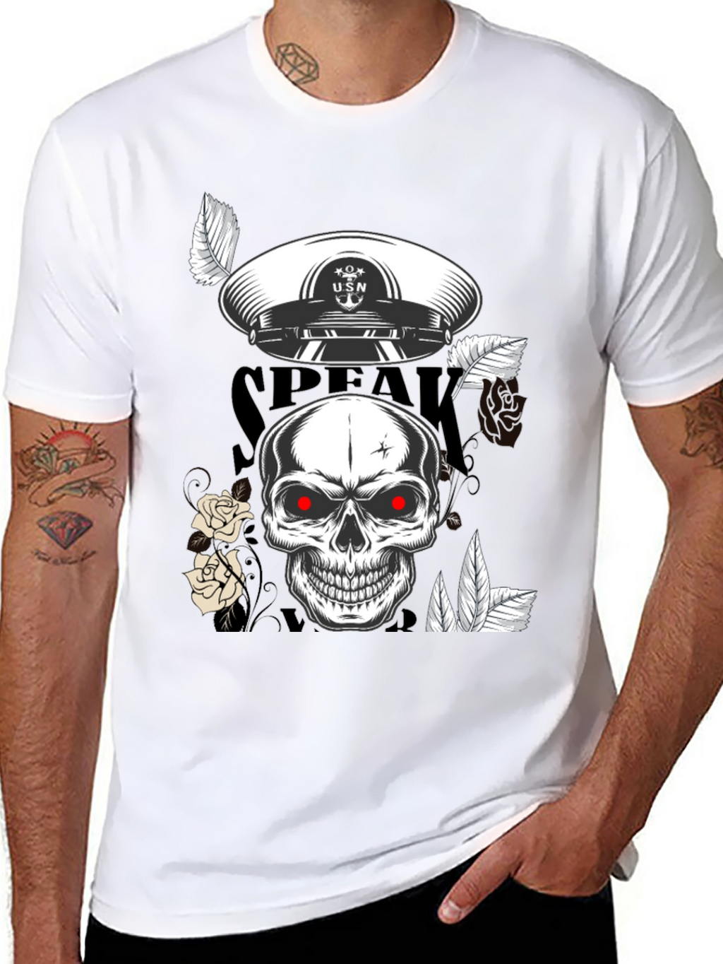 Skull & USN Hat Graphic Print Black T-Shirt