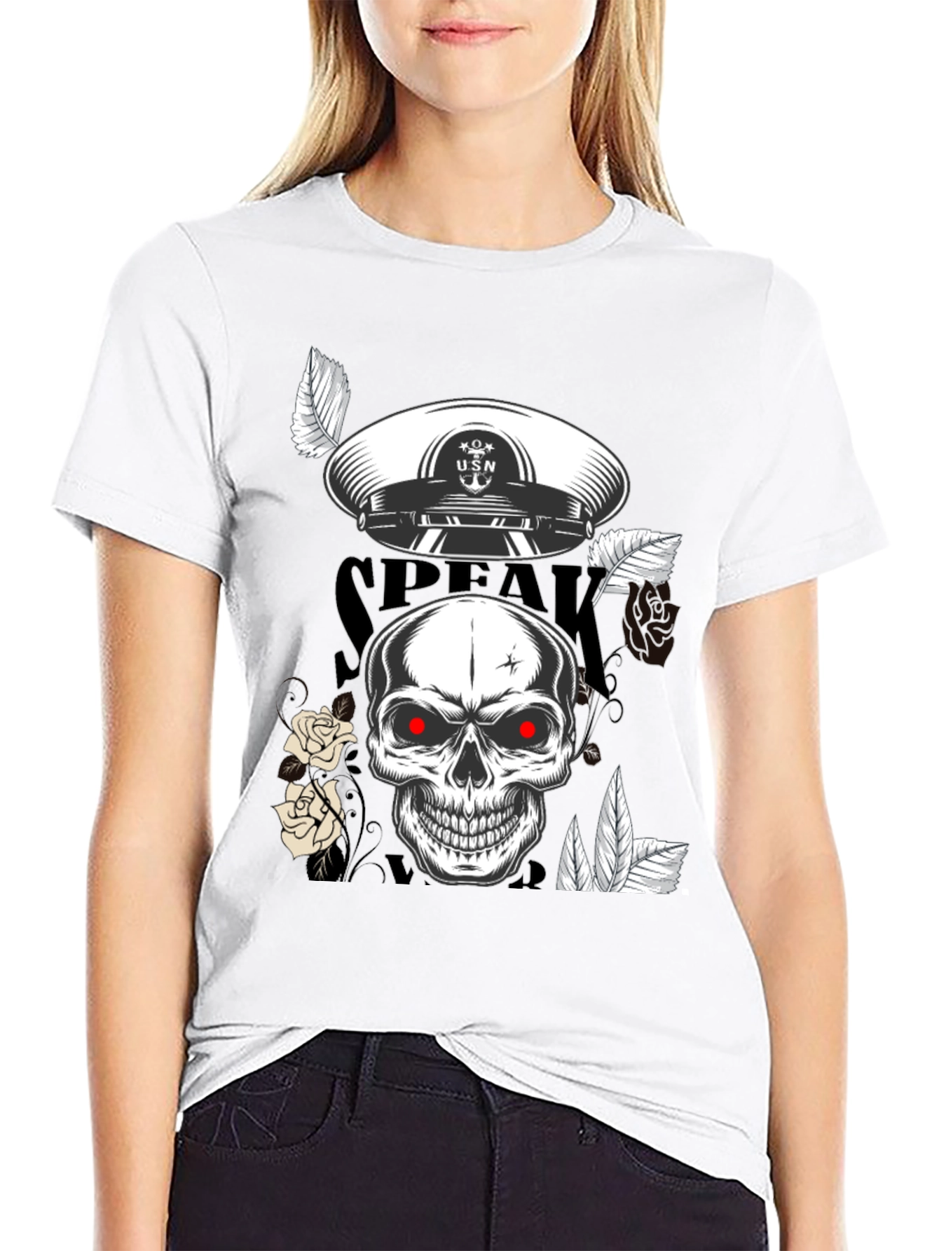 Skull & USN Hat Graphic Print Black T-Shirt