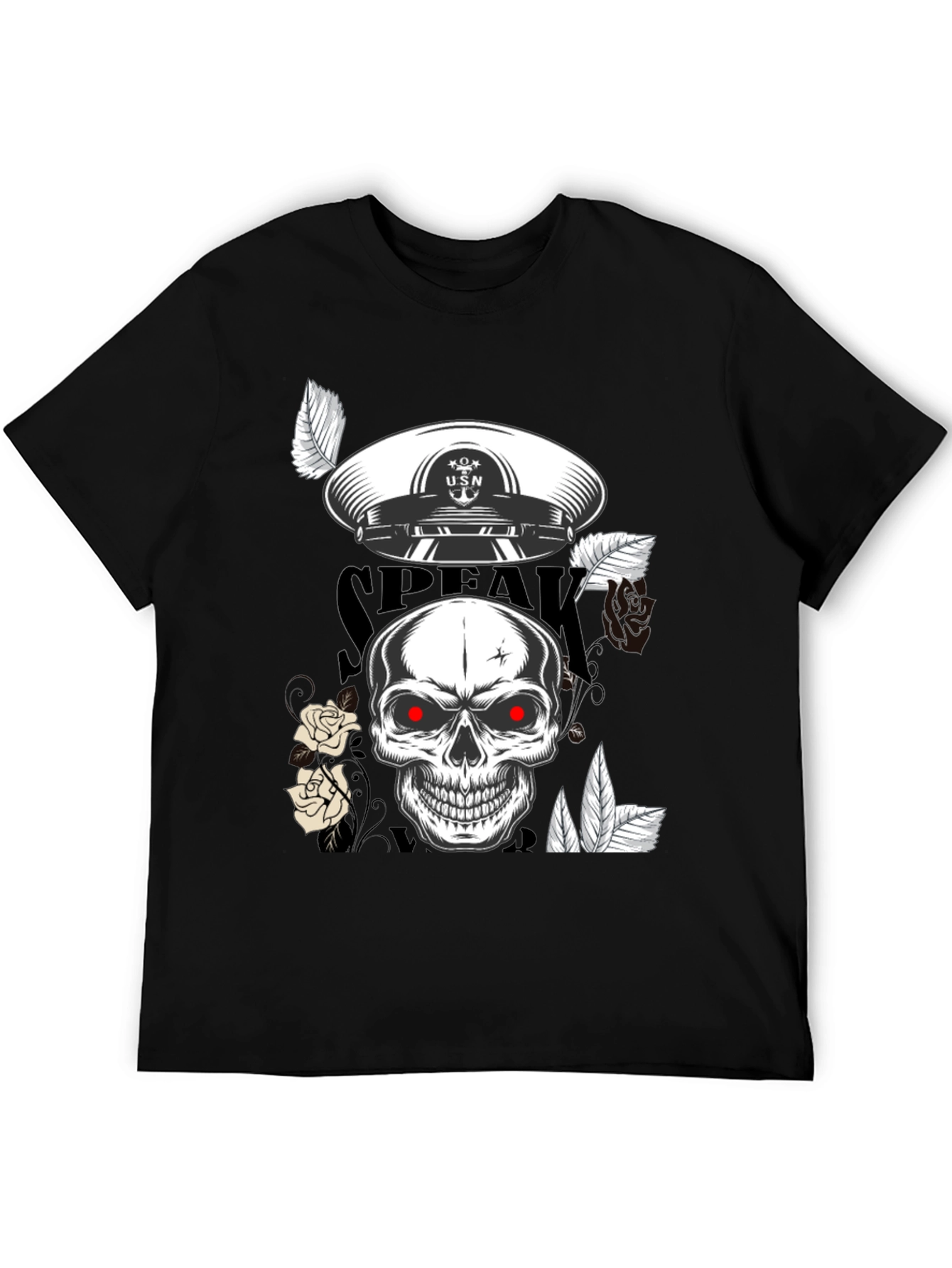 Skull & USN Hat Graphic Print Black T-Shirt