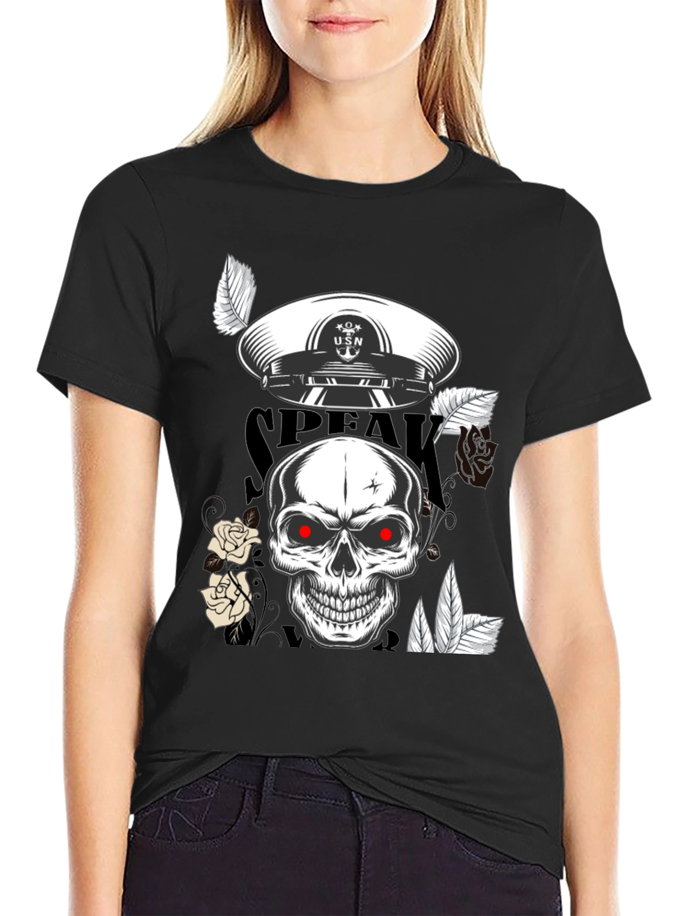 Skull & USN Hat Graphic Print Black T-Shirt