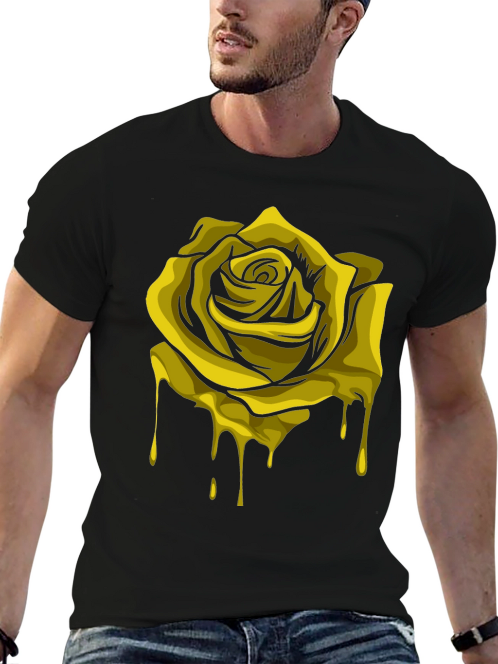 Dripping Gold Rose Graphic Black T-Shirt