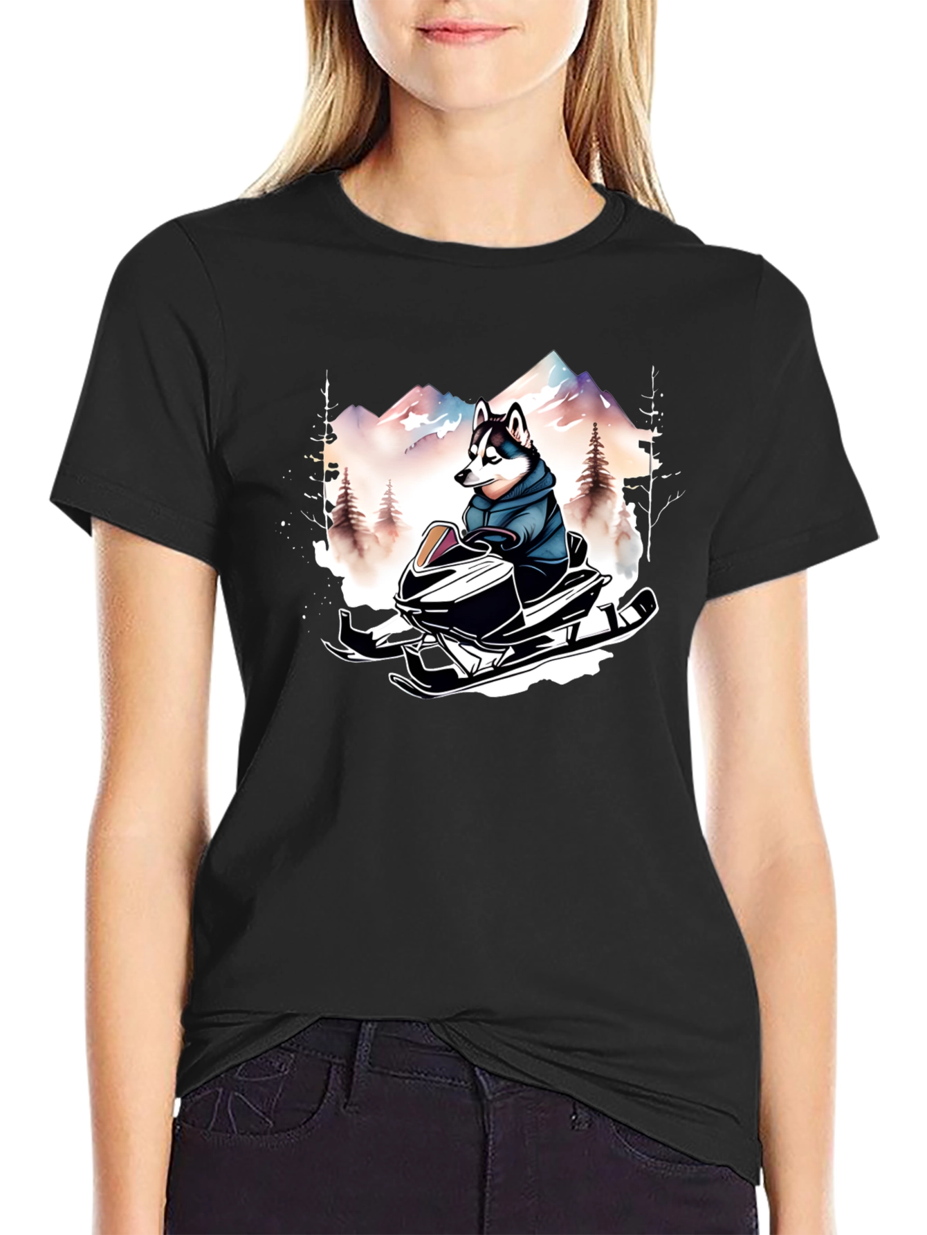 Husky on Snowmobile Graphic Tee
