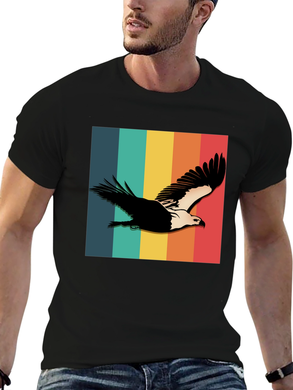 Retro Eagle Graphic Tee - Black Cotton Blend Shirt