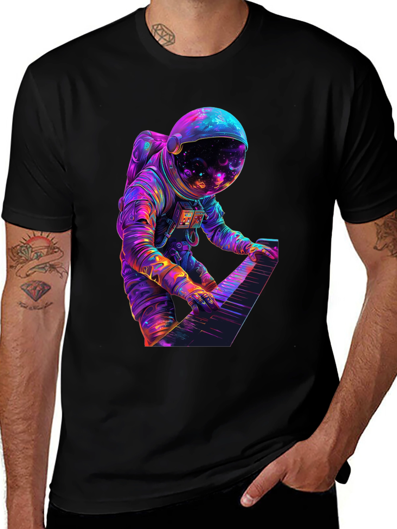 Astronaut Playing Piano Graphic Tee - Space Musician Shirt