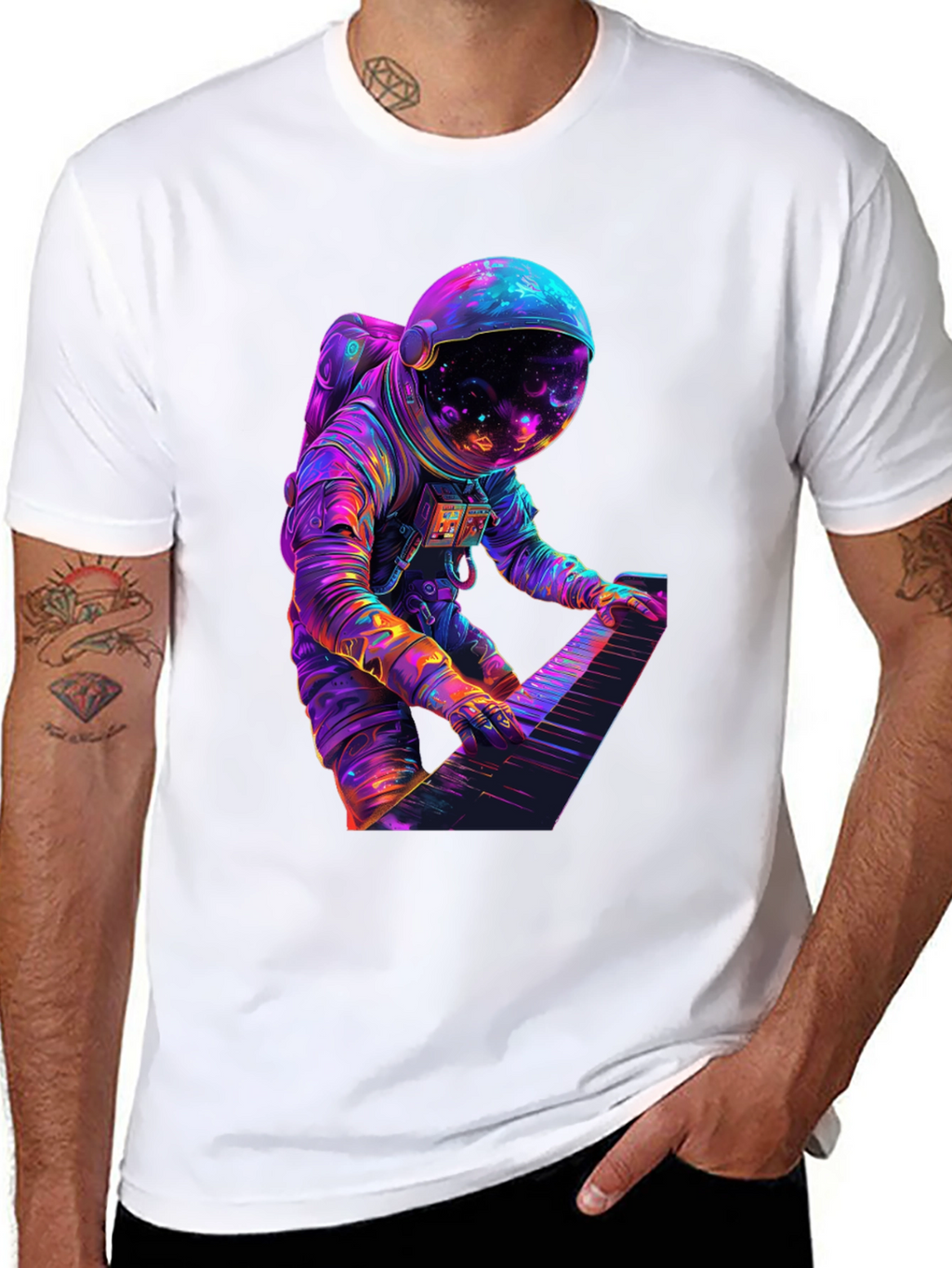 Astronaut Playing Piano Graphic Tee - Space Musician Shirt