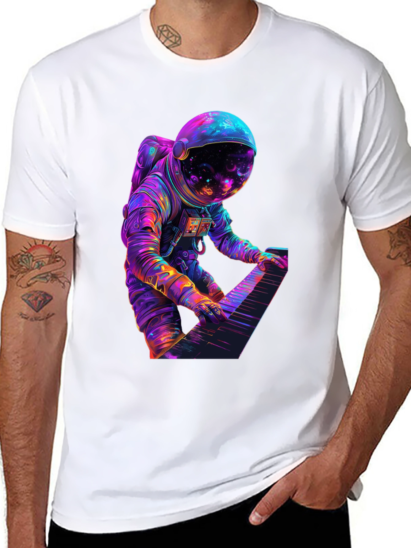 Astronaut Playing Piano Graphic Tee - Space Musician Shirt