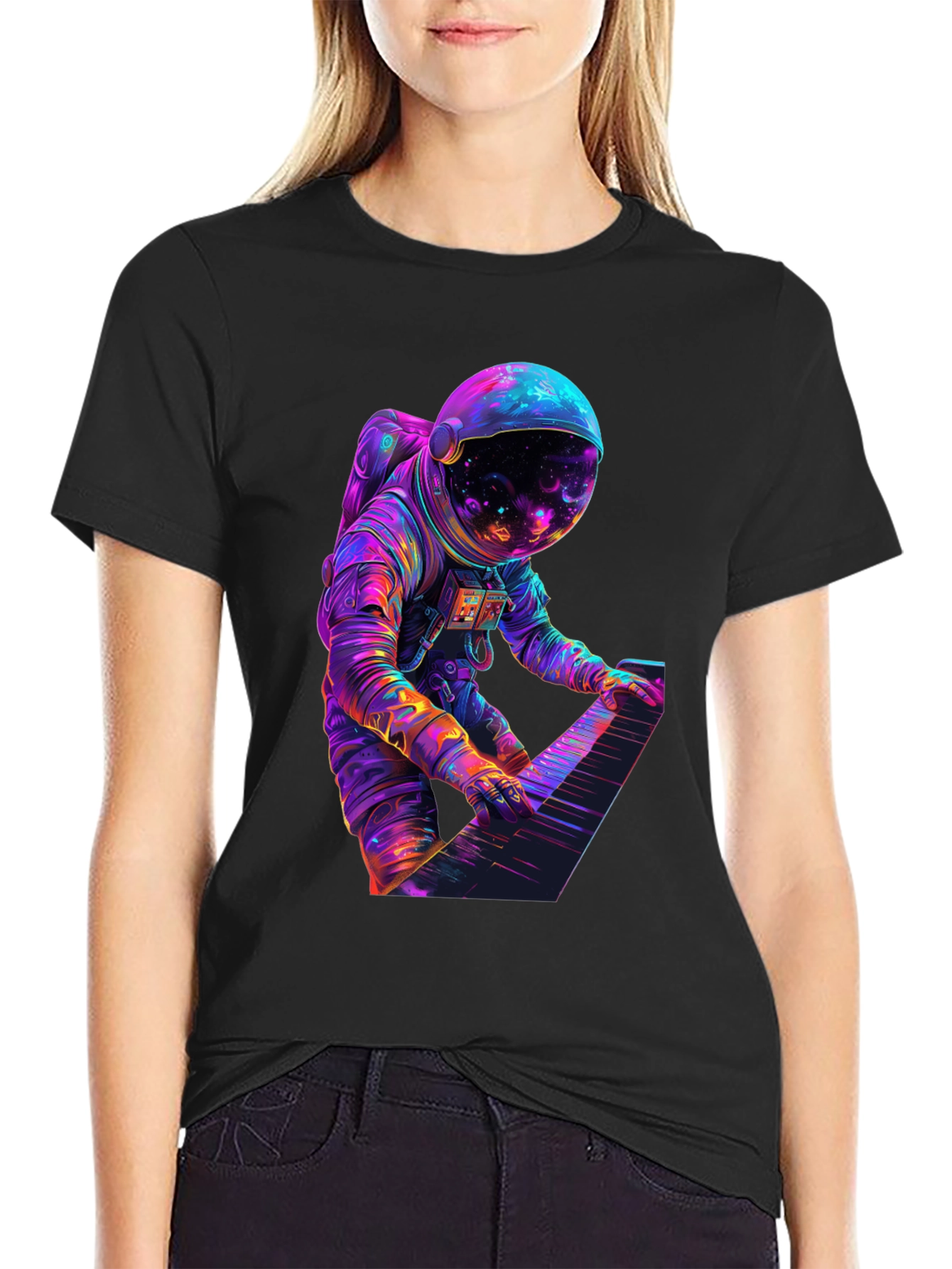 Astronaut Playing Piano Graphic Tee - Space Musician Shirt