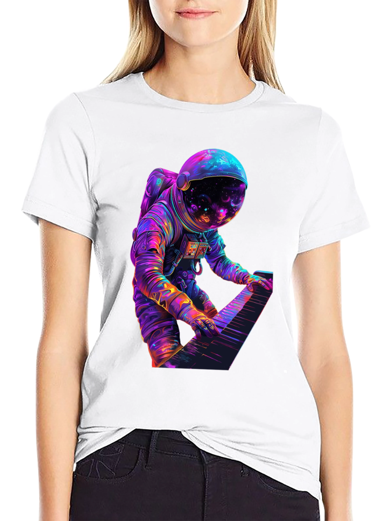 Astronaut Playing Piano Graphic Tee - Space Musician Shirt