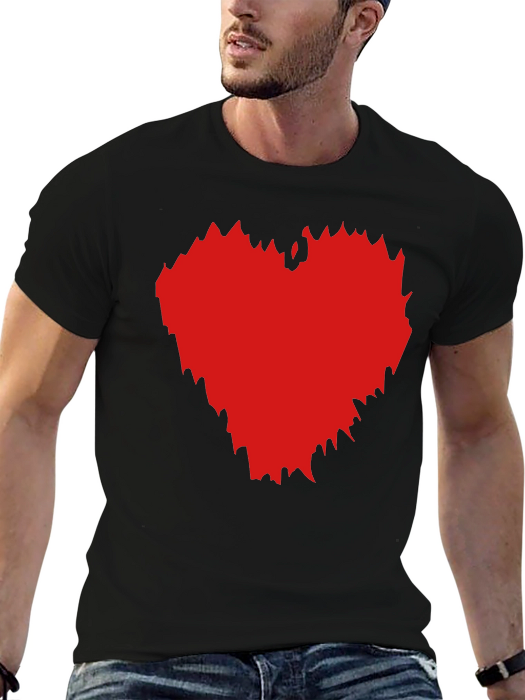 Black T-Shirt with Red Heart Graphic