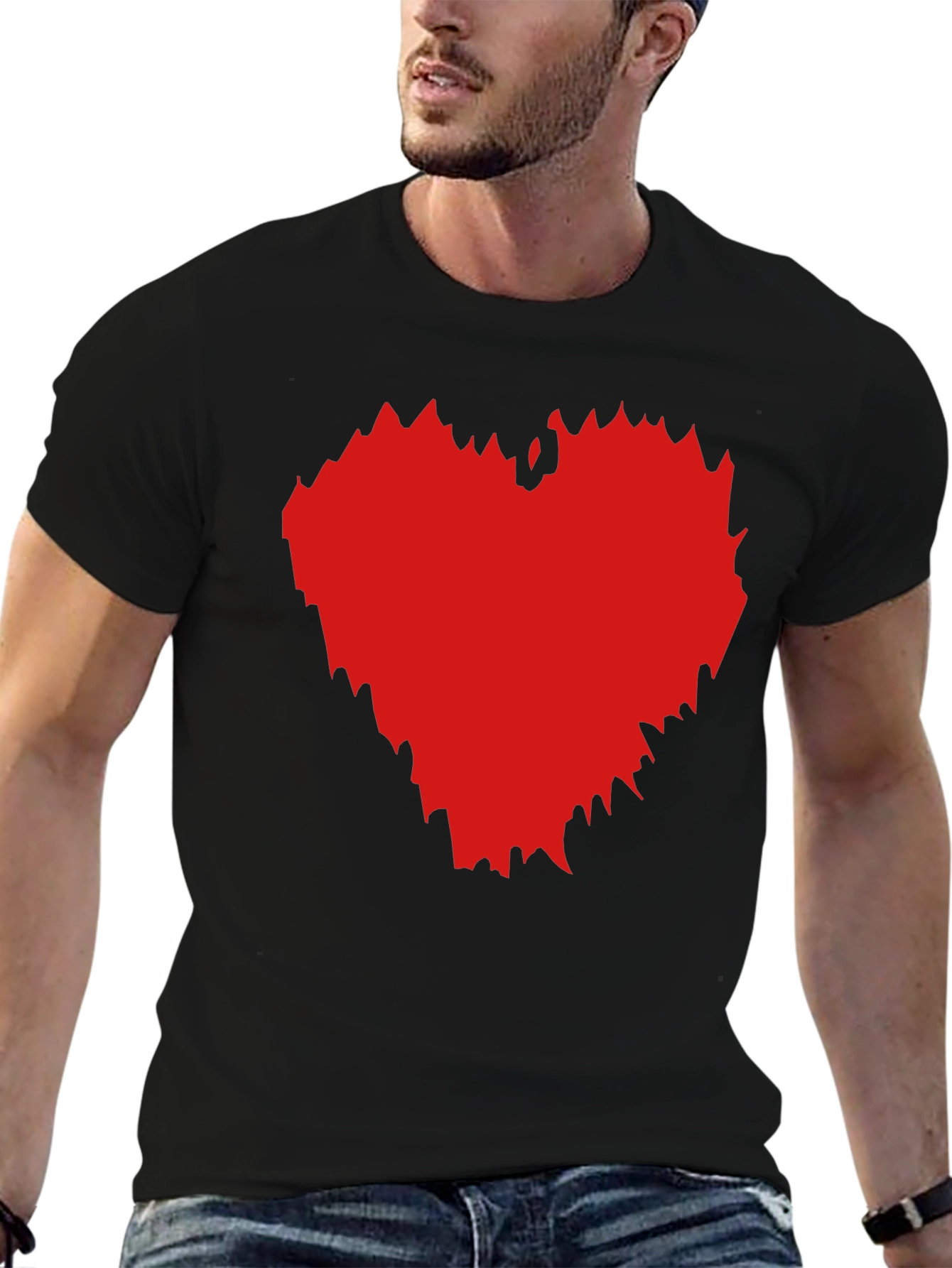 Black T-Shirt with Red Heart Graphic