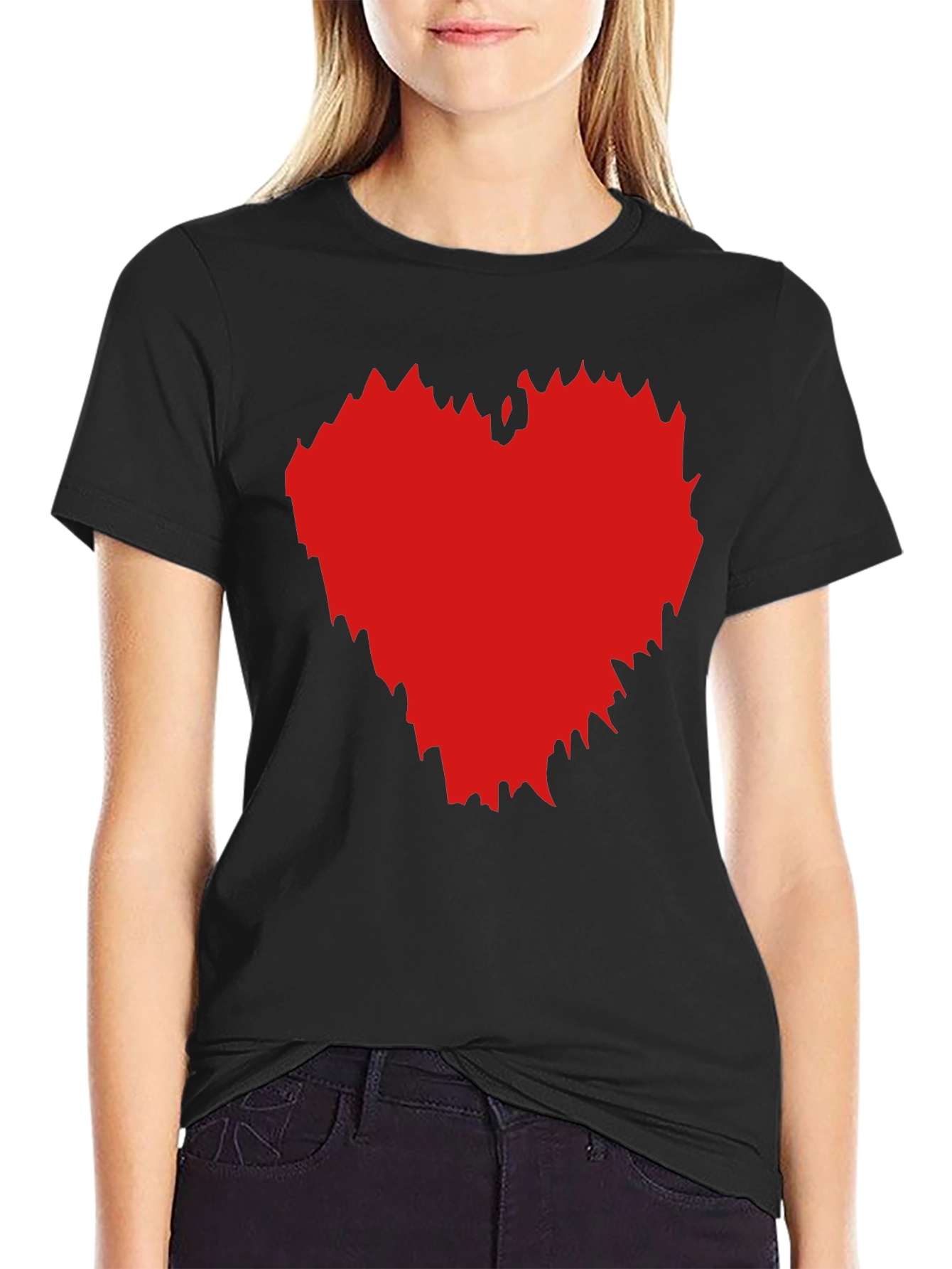 Black T-Shirt with Red Heart Graphic