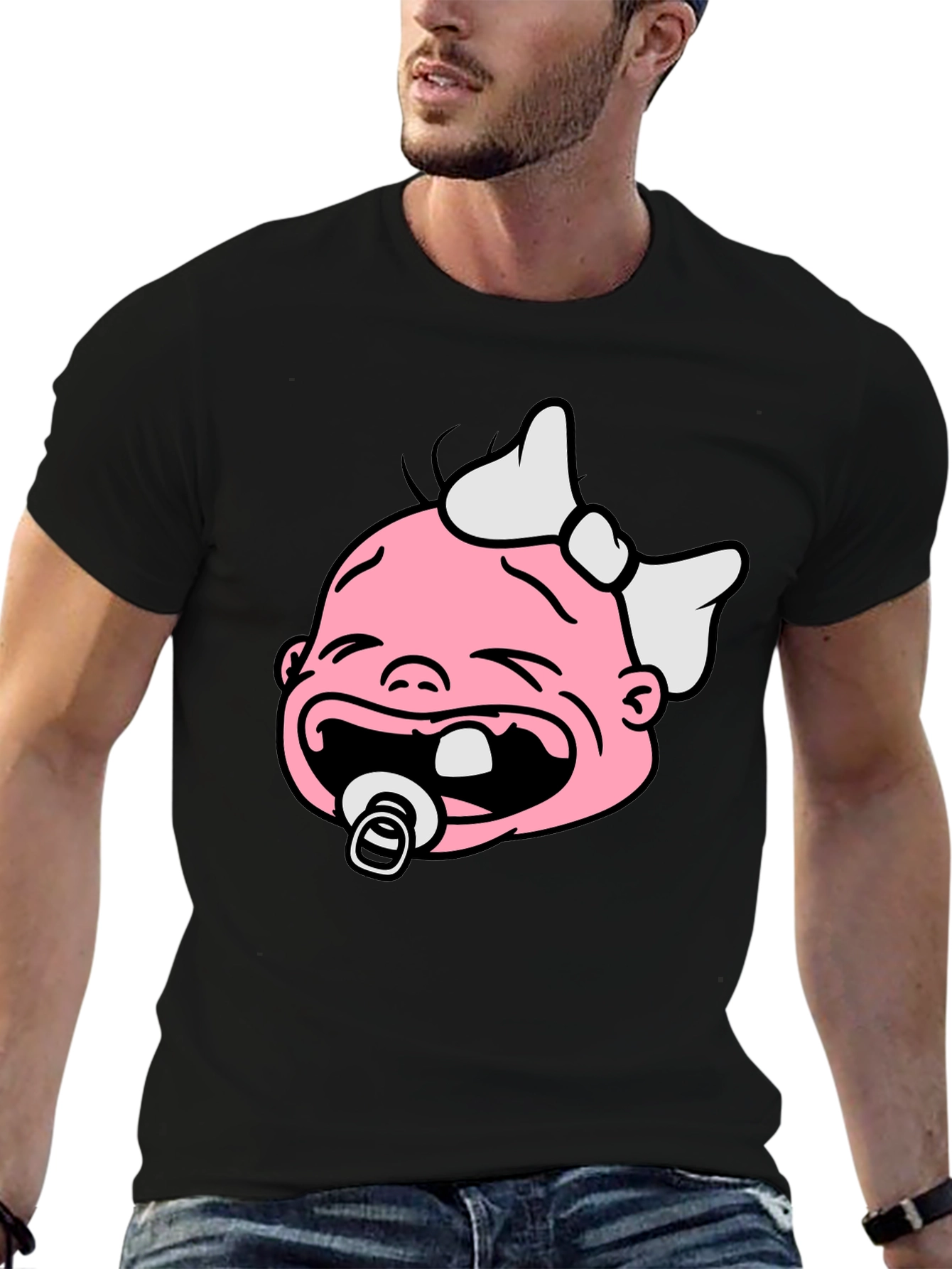 Funny Crying Baby Graphic Tee - Black Cotton Shirt