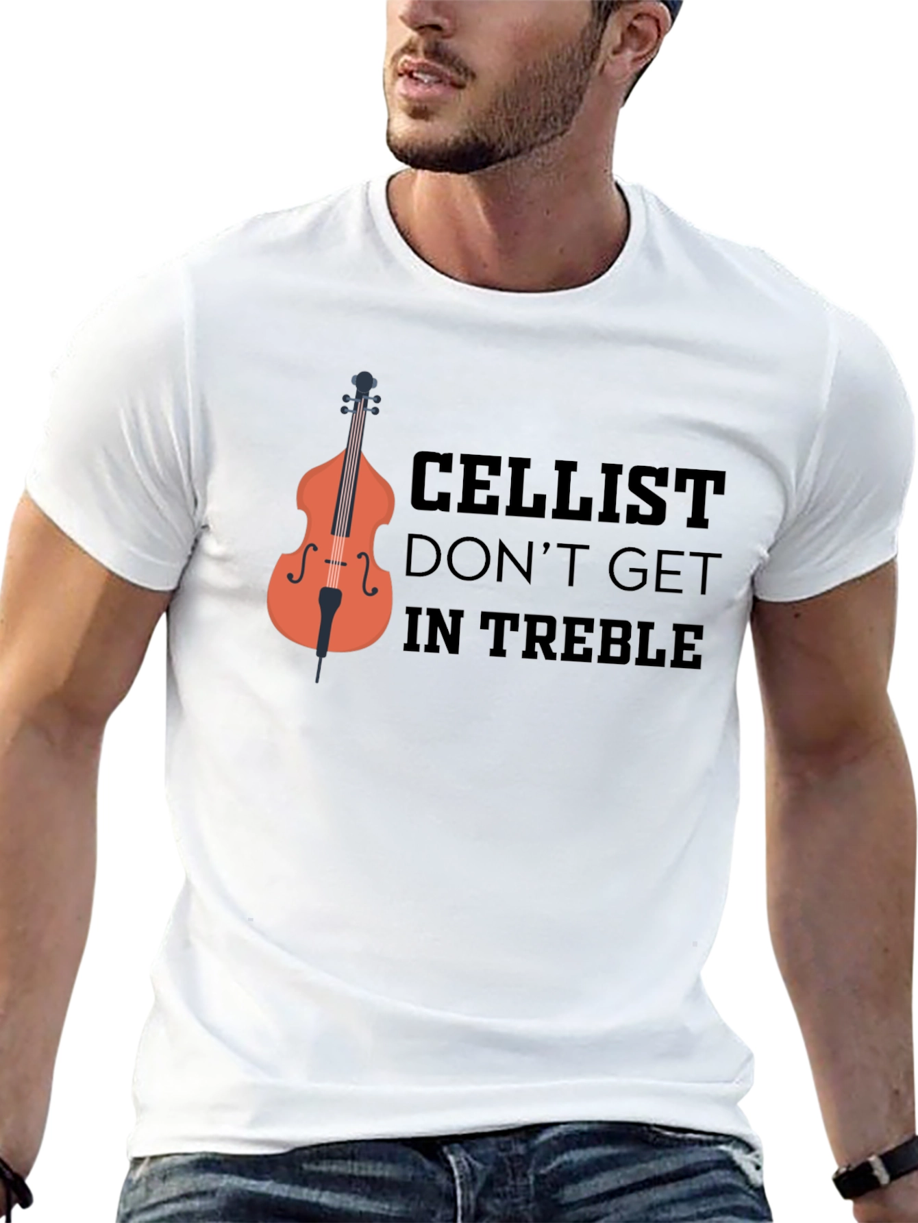 Cellist T-Shirt: Dont Get in Treble Black Crew Neck