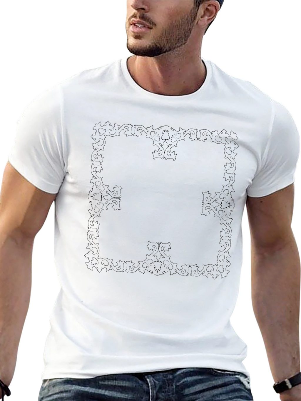 Elegant Black T-Shirt with Subtle Floral Square Design