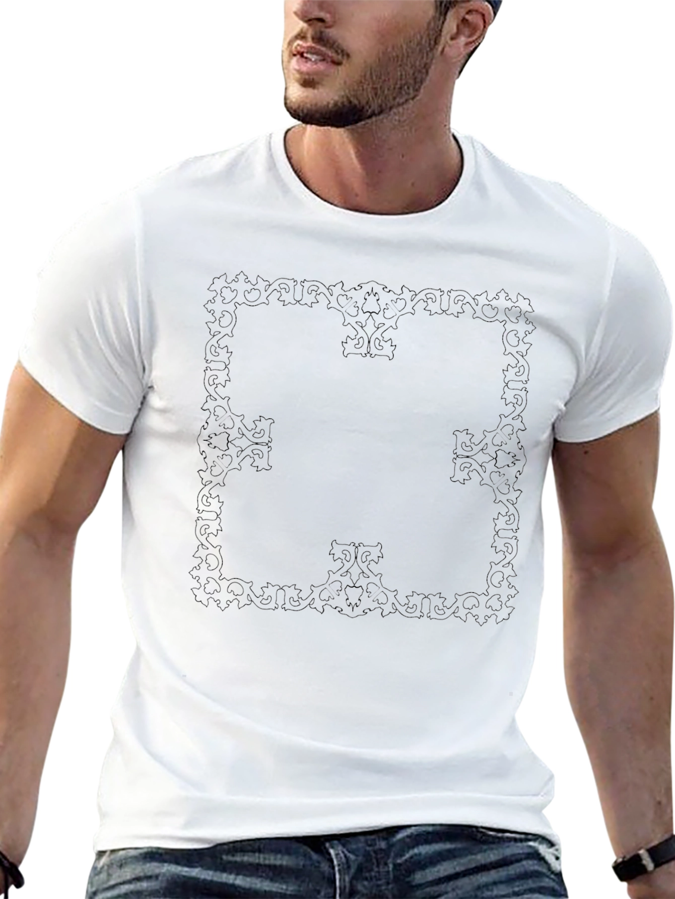 Elegant Black T-Shirt with Subtle Floral Square Design