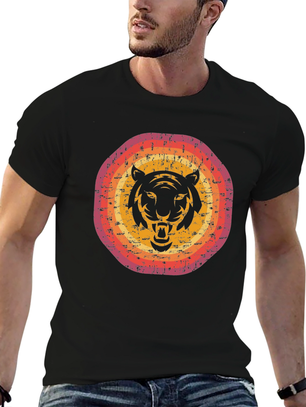 Retro Tiger Graphic Tee - Black Cotton Blend