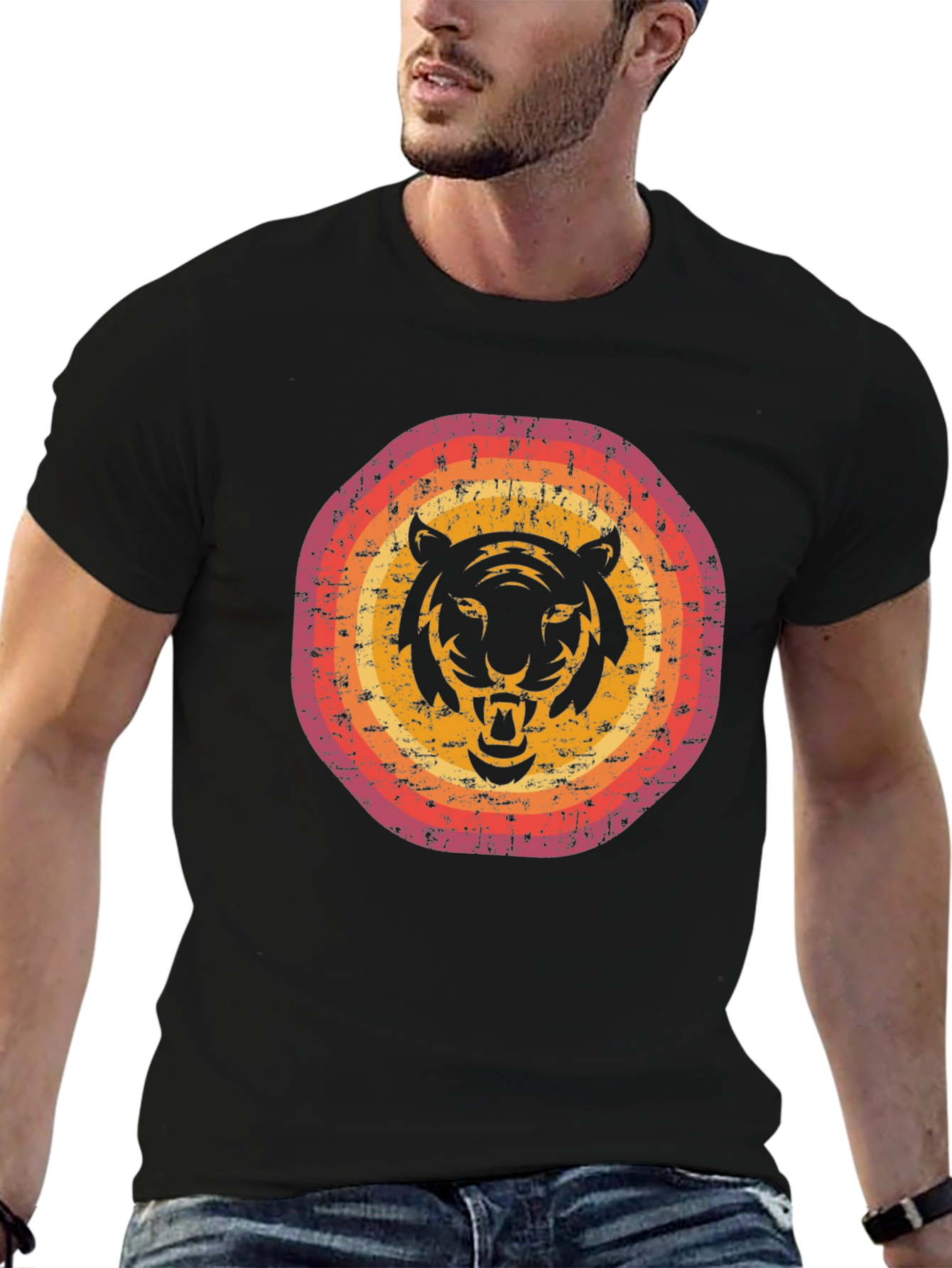 Retro Tiger Graphic Tee - Black Cotton Blend