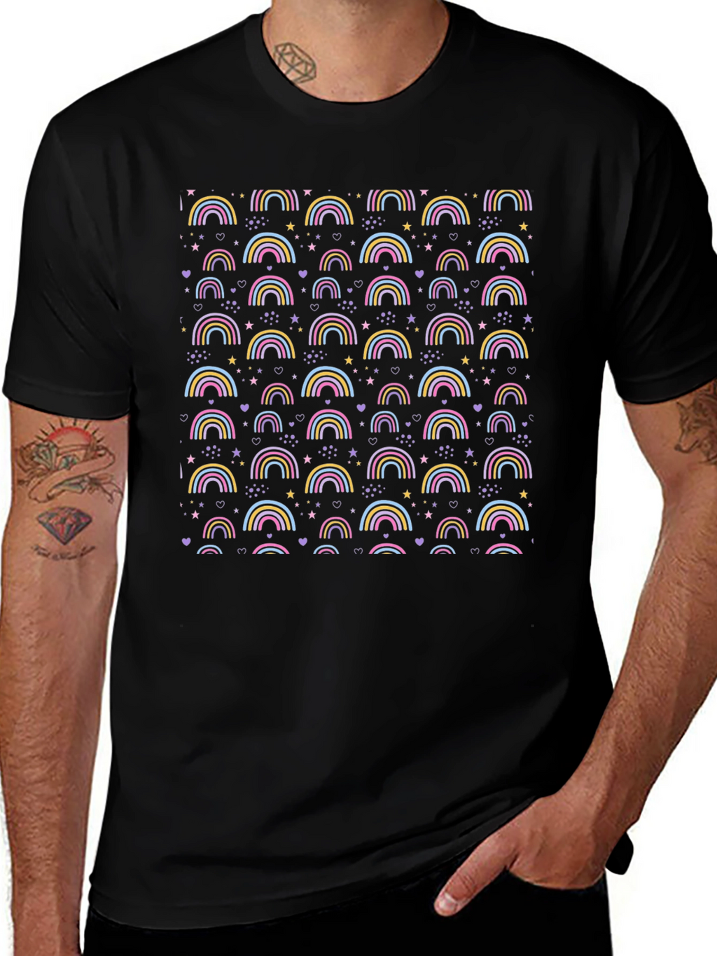 Rainbow Patterned Mens Black T-Shirt