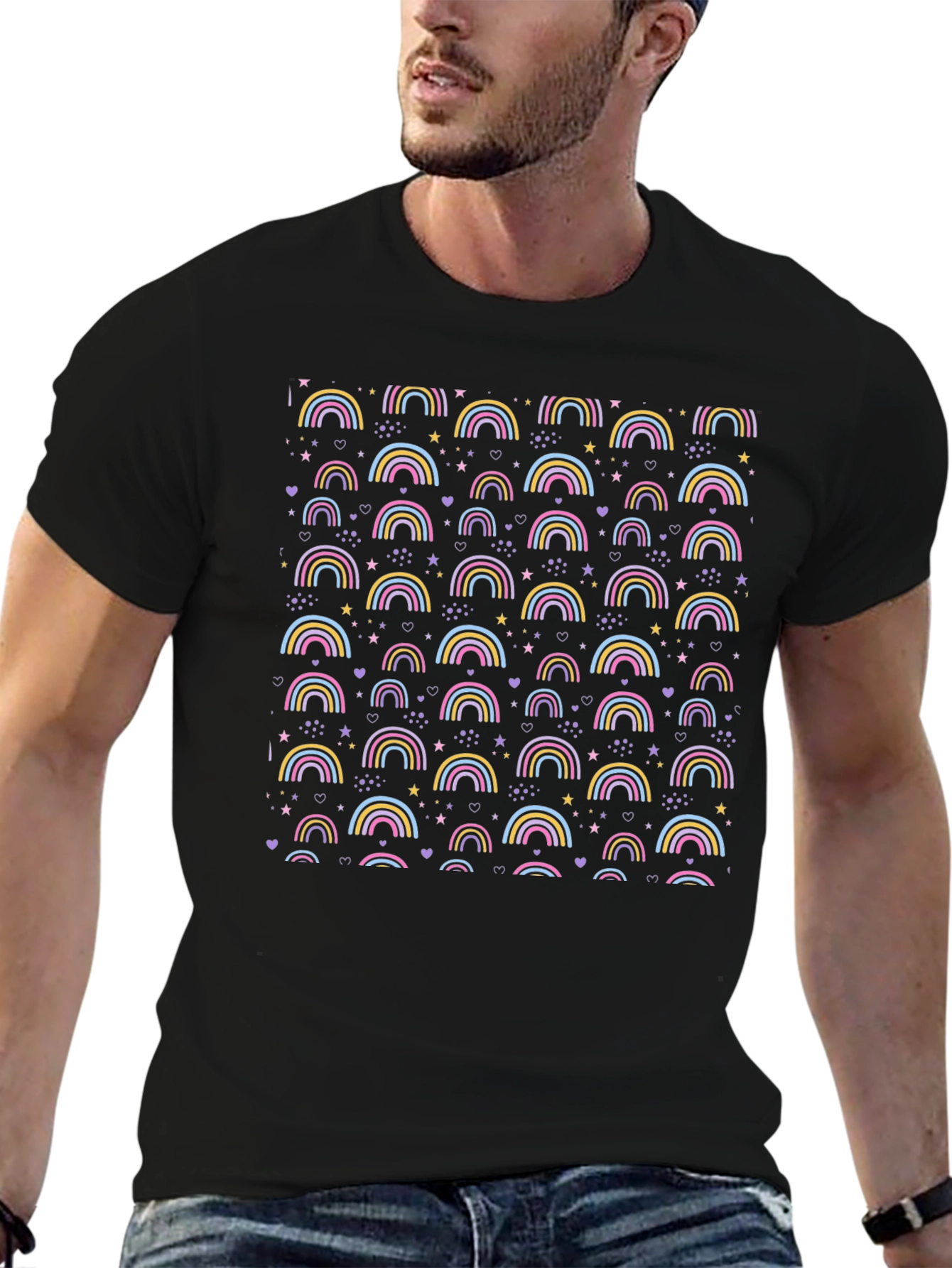 Rainbow Patterned Mens Black T-Shirt