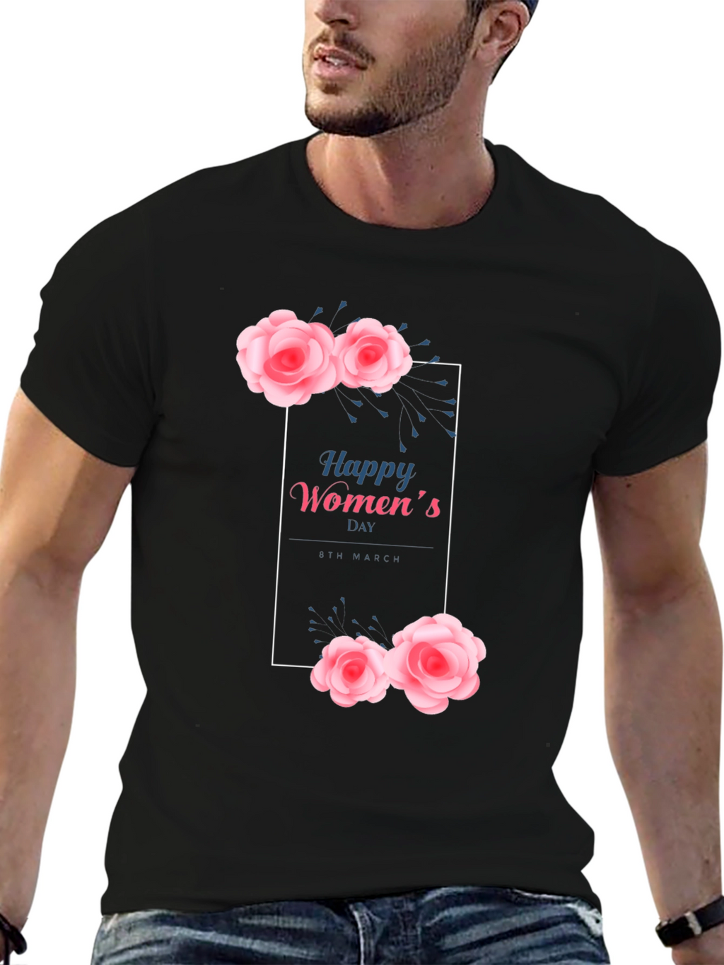 Happy Womens Day Floral Graphic Tee - Black