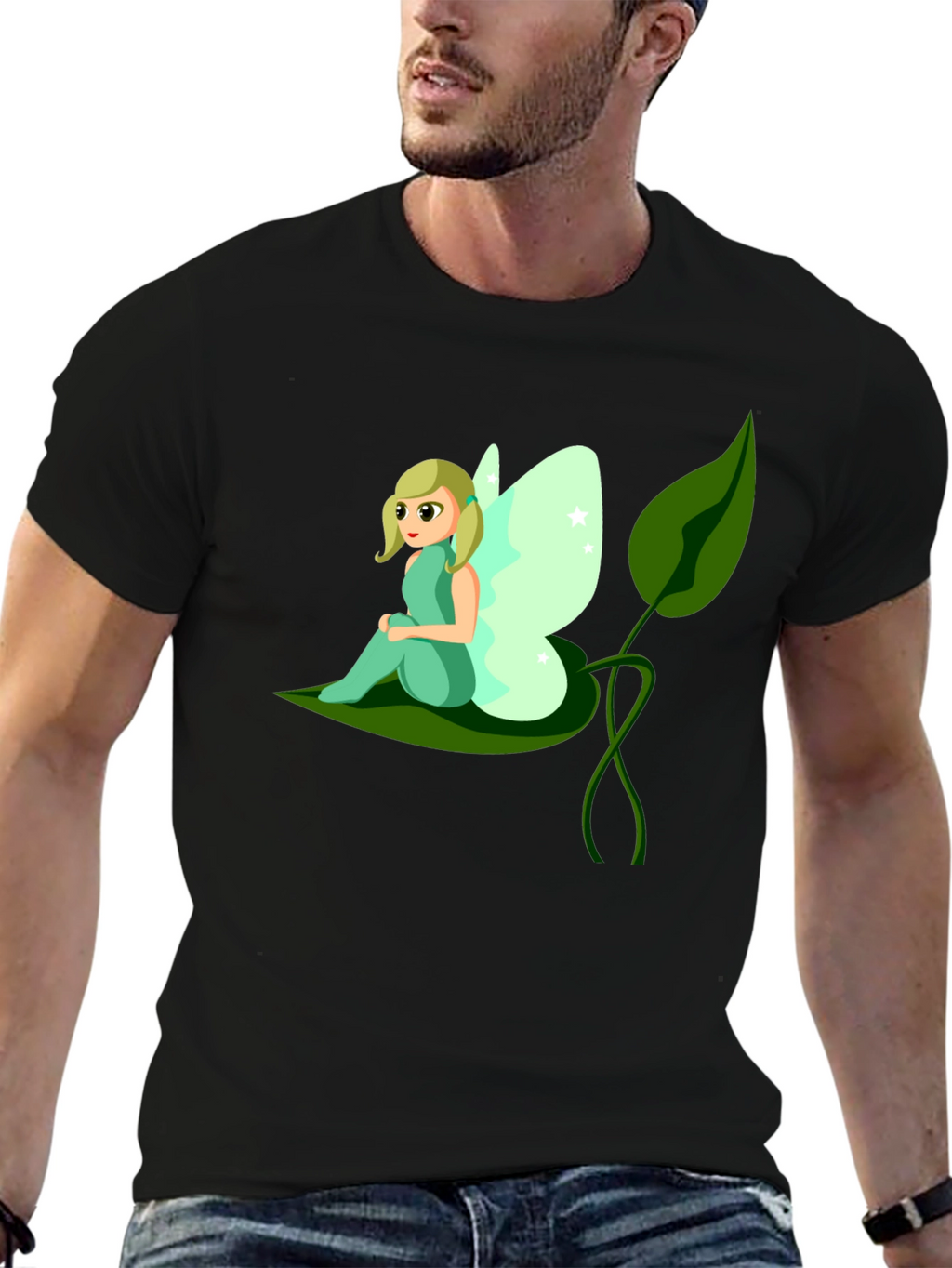 Whimsical Fairy Graphic Tee - Black Cotton T-Shirt