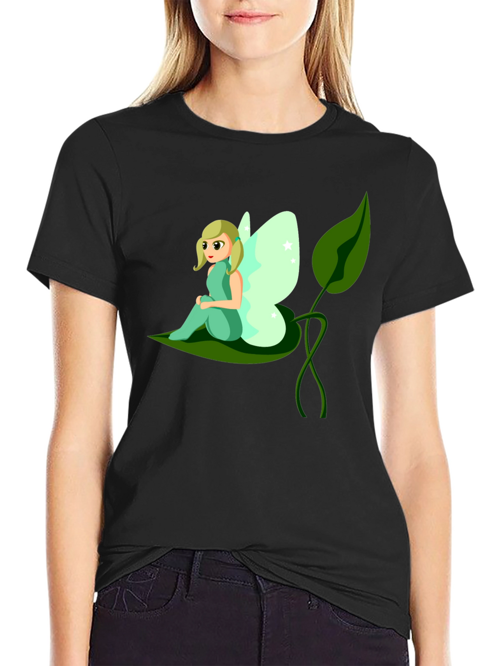 Whimsical Fairy Graphic Tee - Black Cotton T-Shirt