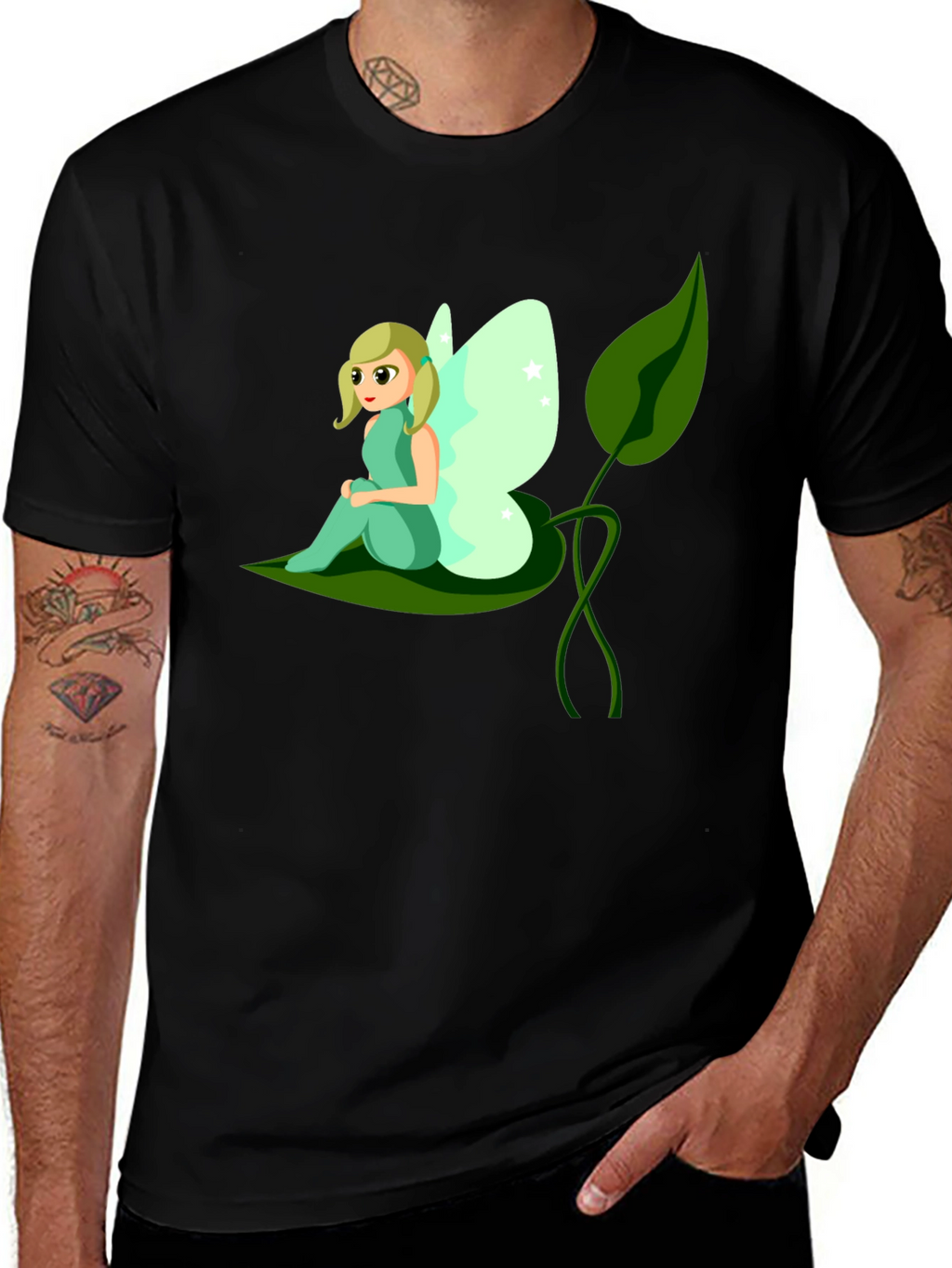Whimsical Fairy Graphic Tee - Black Cotton T-Shirt