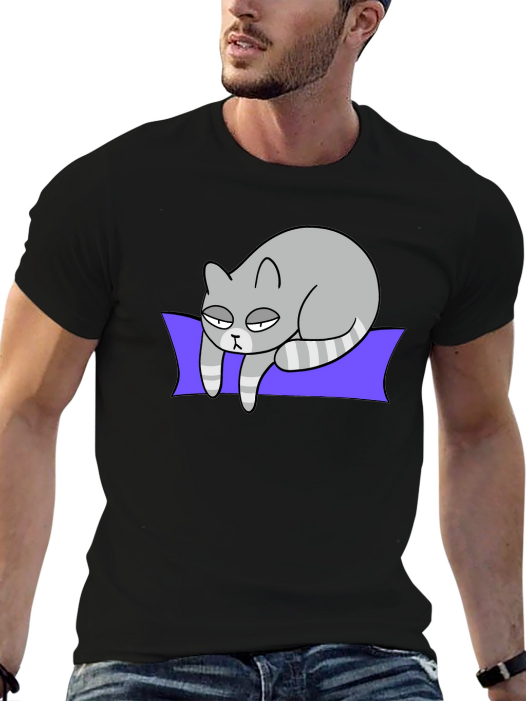 Lazy Cat Graphic Tee - Black Cotton T-Shirt