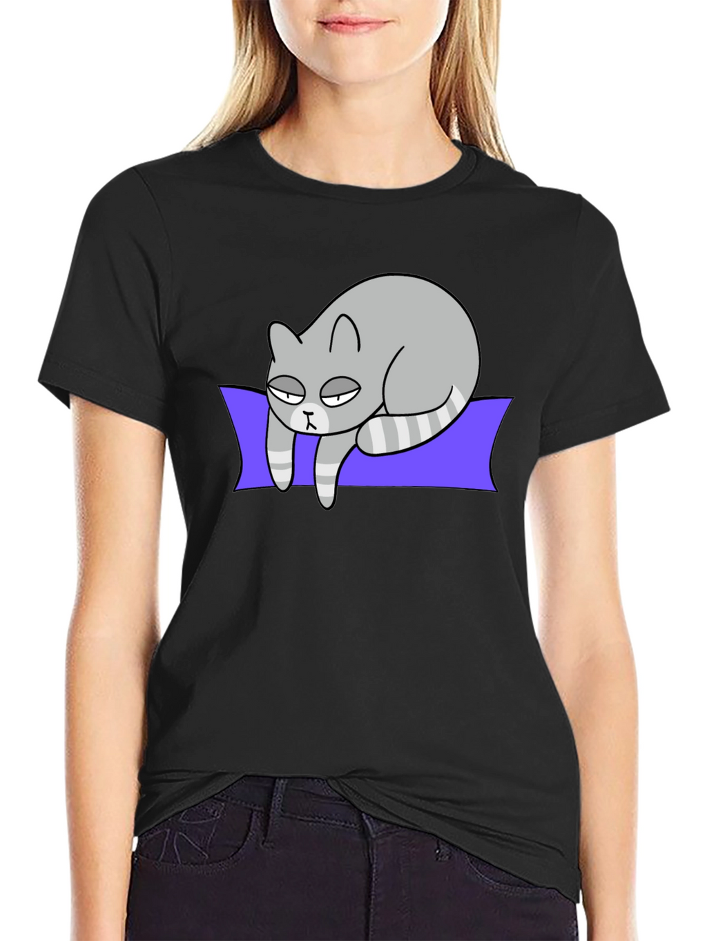 Lazy Cat Graphic Tee - Black Cotton T-Shirt