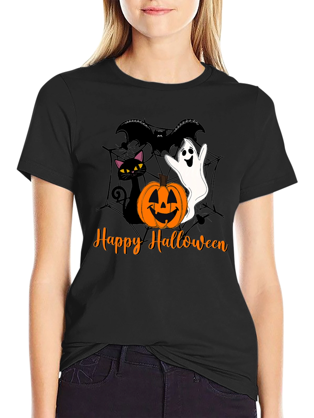 Halloween Cat Ghost Bat Graphic T-Shirt