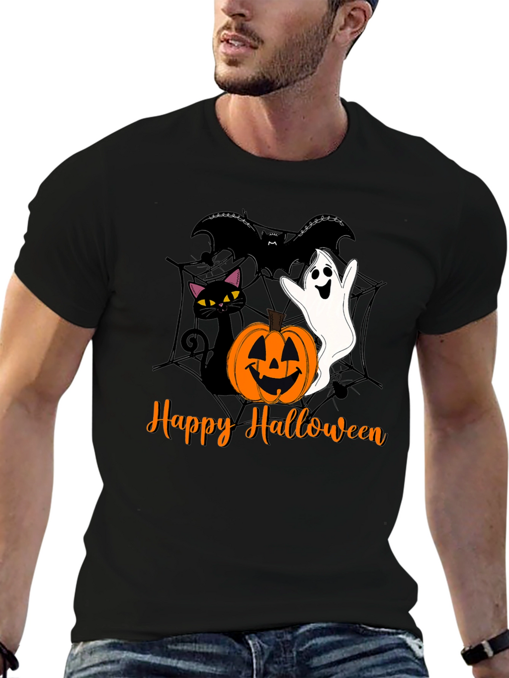 Halloween Cat Ghost Bat Graphic T-Shirt