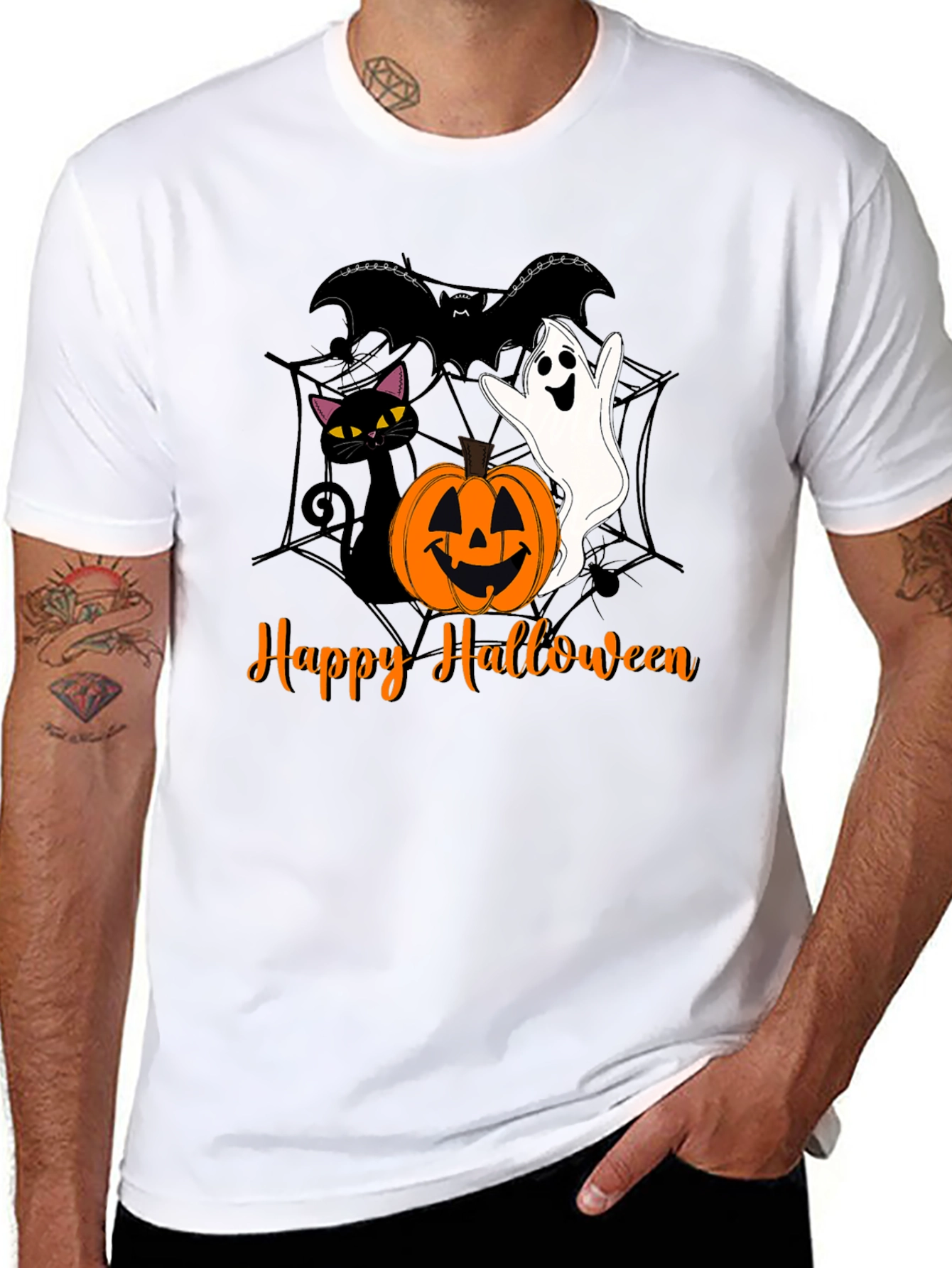 Halloween Cat Ghost Bat Graphic T-Shirt