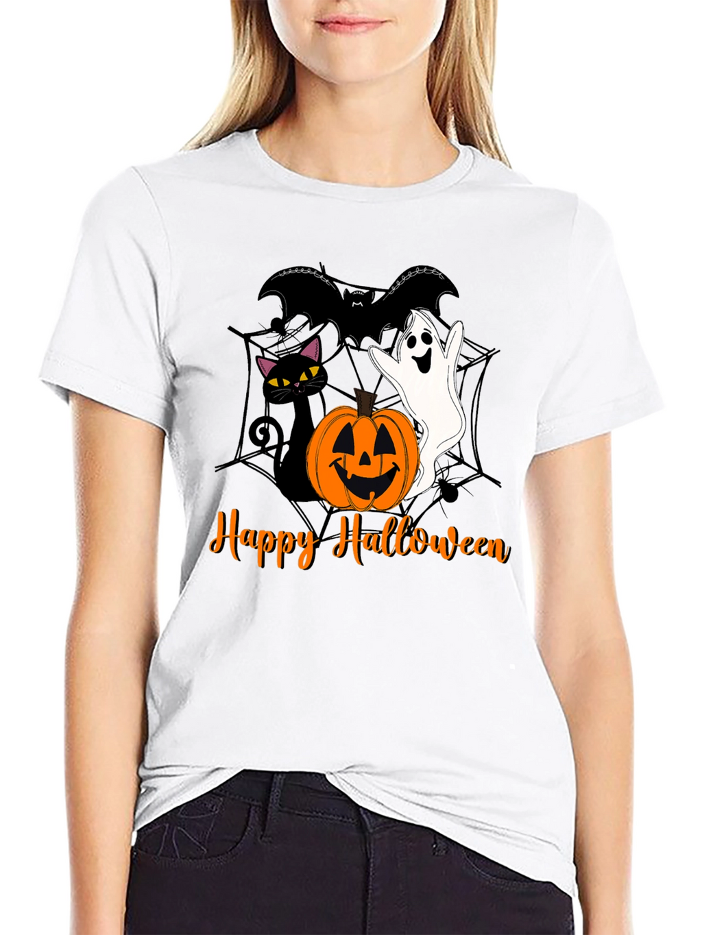Halloween Cat Ghost Bat Graphic T-Shirt